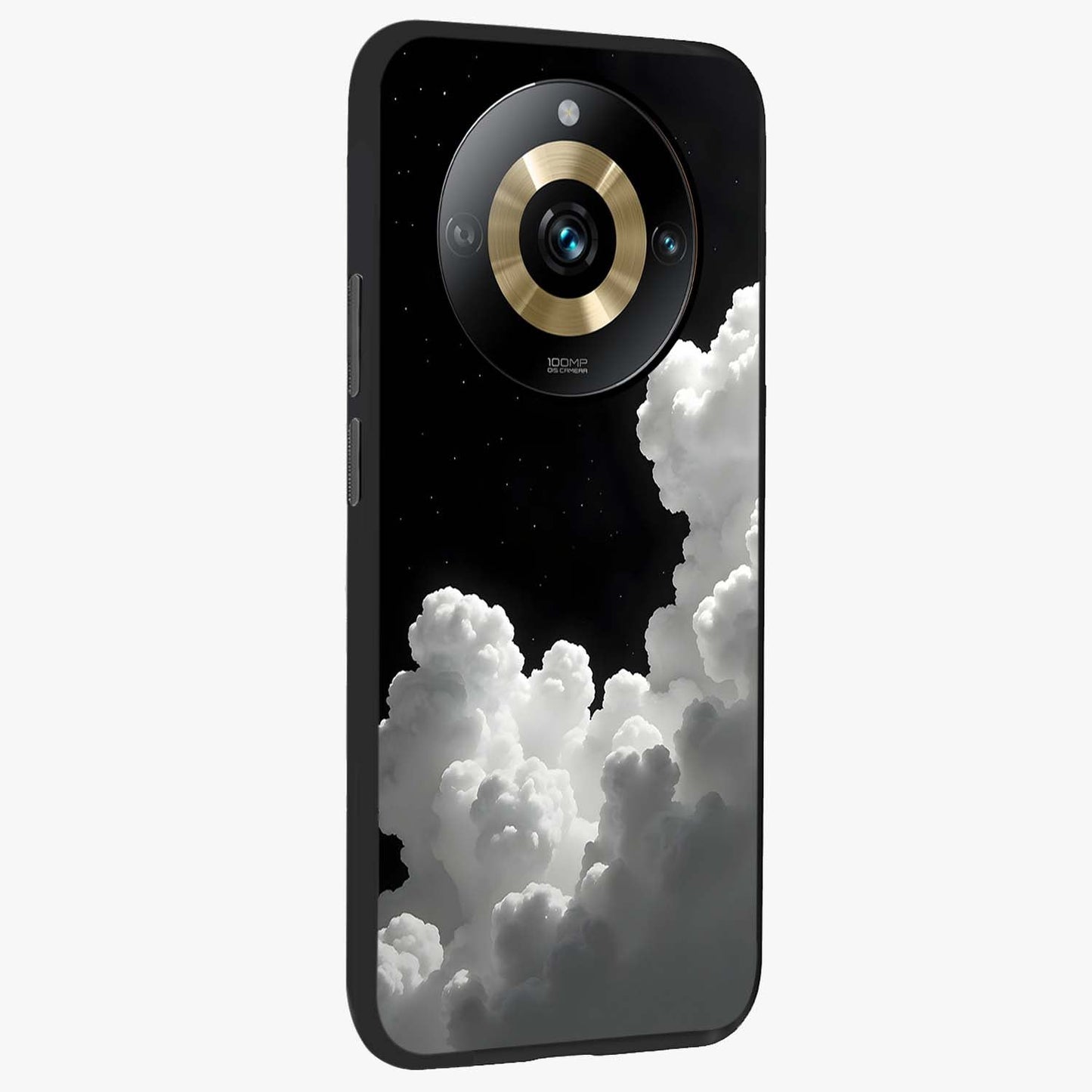 Black Background With White Cloud Glass Case upright view showcasing calm cloud aesthetic with modern minimal style.