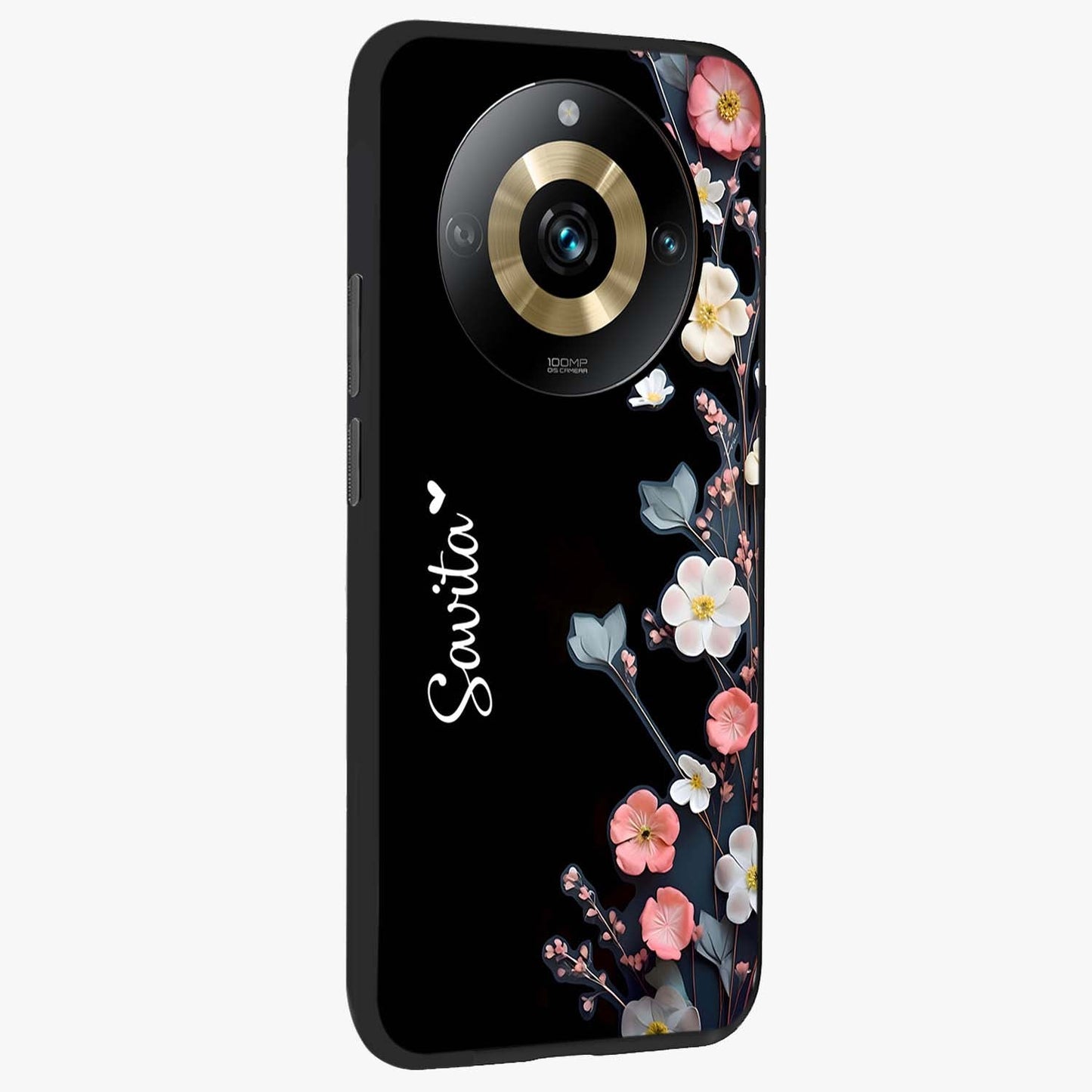 Black Elegance Floral Custom Name Glass Case upright view showcasing luxurious black floral design with personalized name detail.