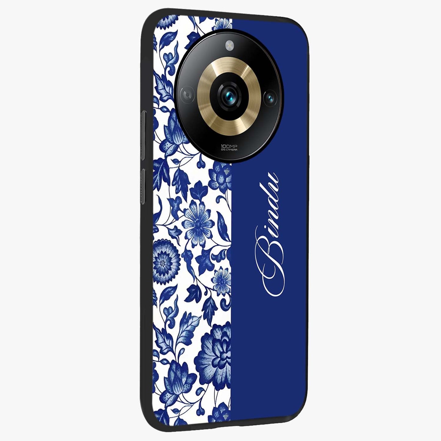 Blue Vintage Floral Pattern Glass Case upright view showcasing delicate blush floral texture with modern minimal style.