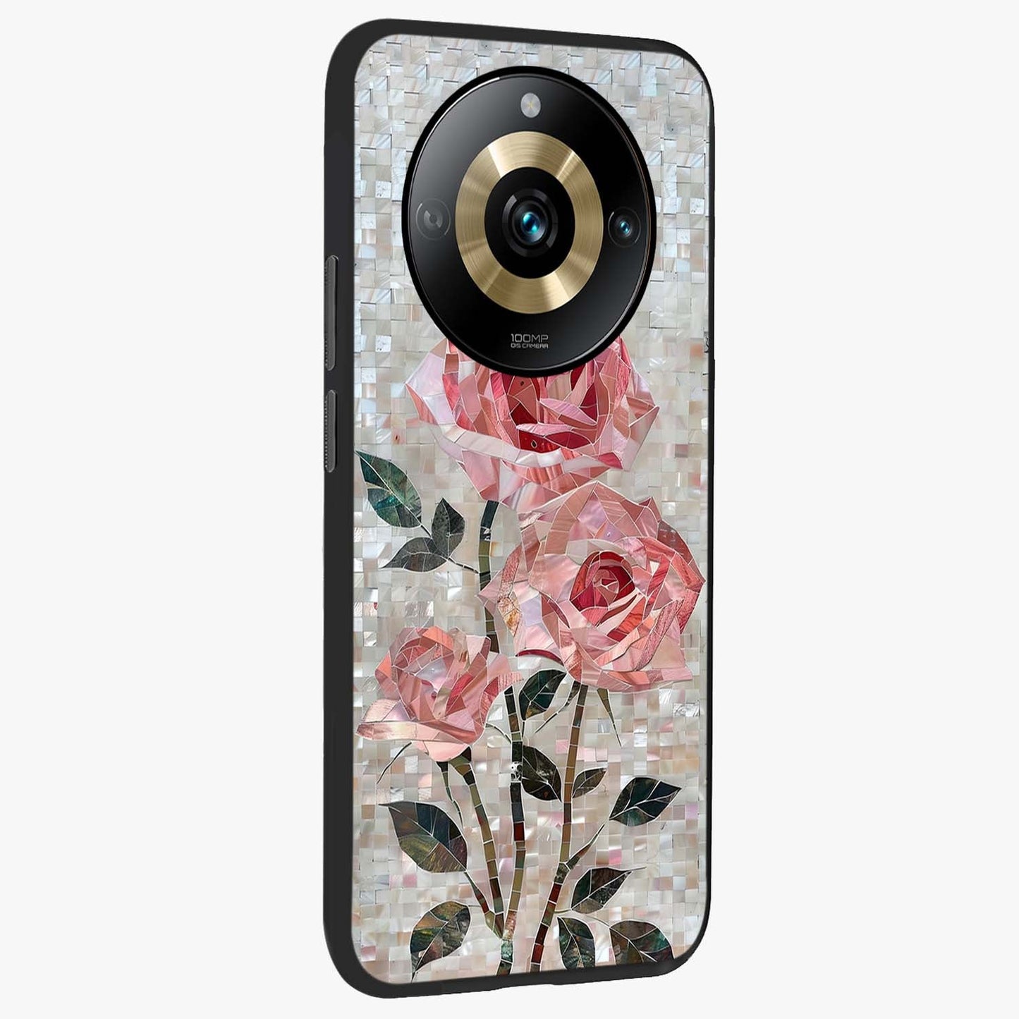 Blush Mosaic Bloom Glass Case upright view showcasing decorative floral mosaic artwork with stylish modern aesthetic.