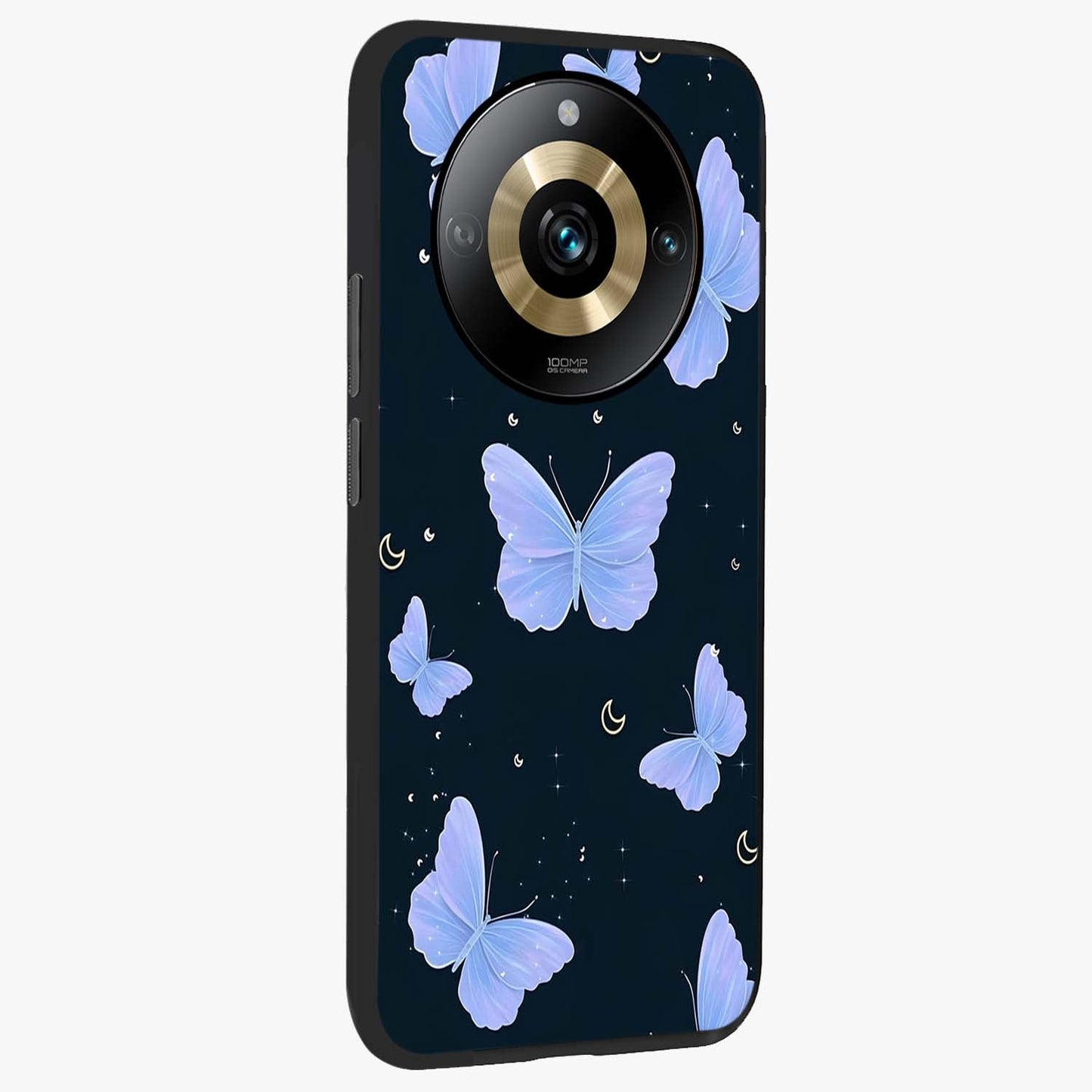Butterfly With Stars Pattern Glass Case upright view showcasing celestial butterfly artwork with sparkling star elements.