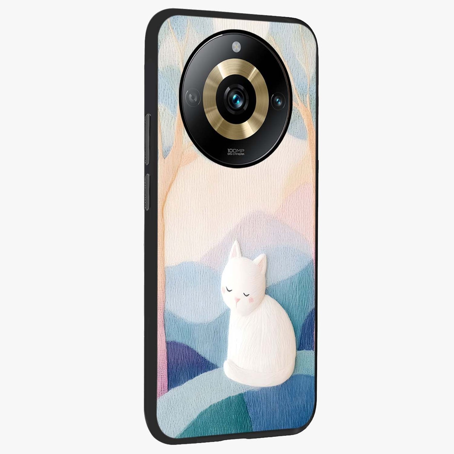 Cotton Dream Cat Glass Case upright view showcasing charming cat artwork with cozy dreamy theme.