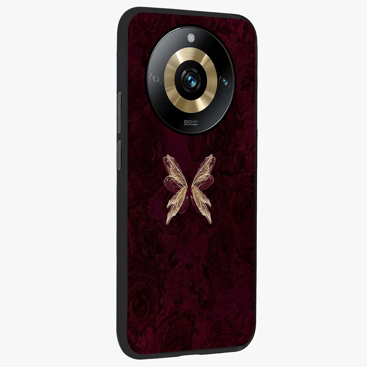 Crimson Fade Butterfly Glass Case upright view showcasing graceful butterfly artwork with soft crimson fade effect.