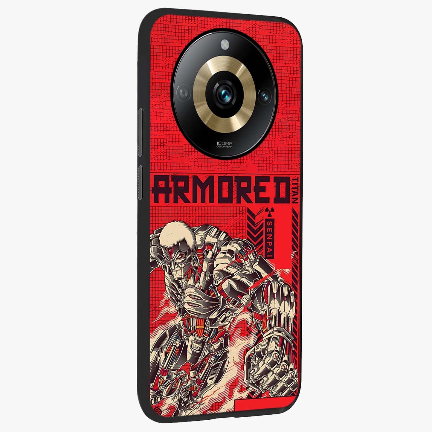 Crimson Mecha Titan Glass Case upright view showcasing dynamic robotic titan design with sci-fi inspired theme.