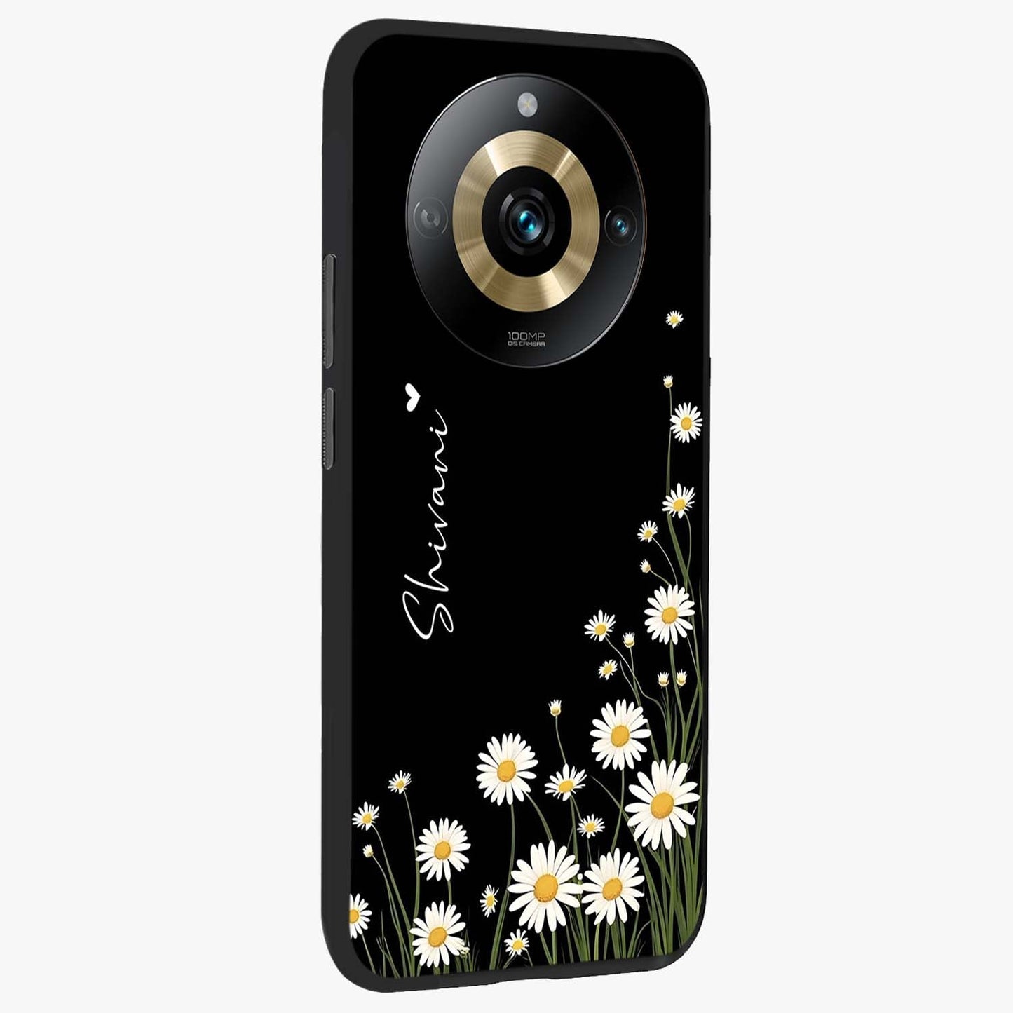 Daisy Cascade Custom Name Glass Case upright view showcasing elegant floral cascade design with personalized aesthetic.