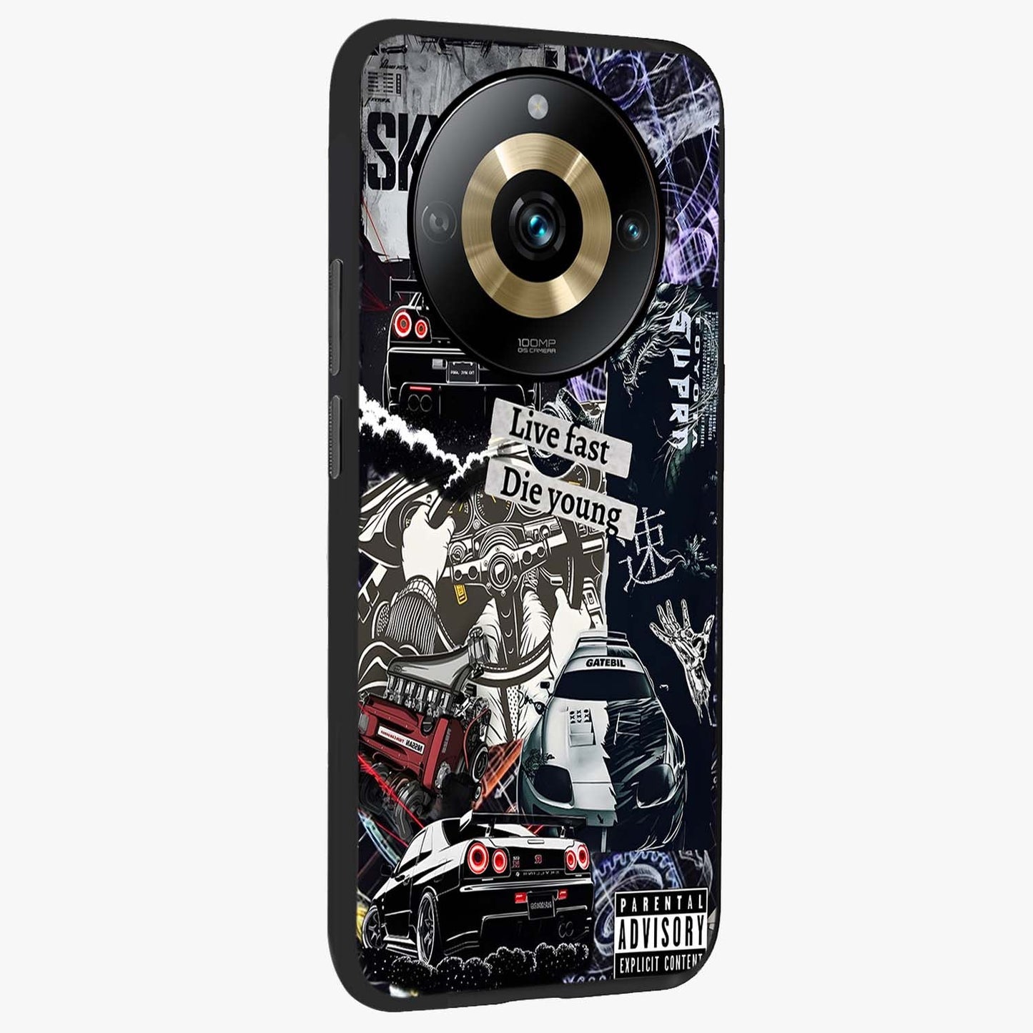 Die Young Glass Case upright view showcasing striking typography artwork with modern statement theme.