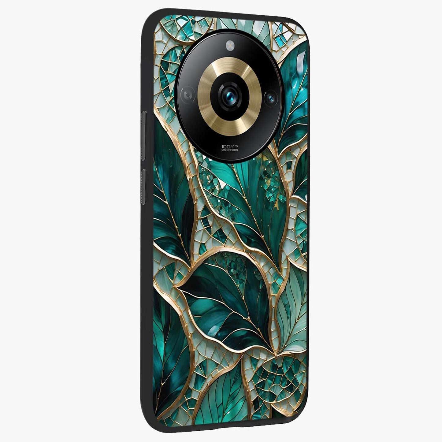 Emerald Leaf Glass Glass Case upright view showcasing fresh green leaf artwork with calming nature inspired style.