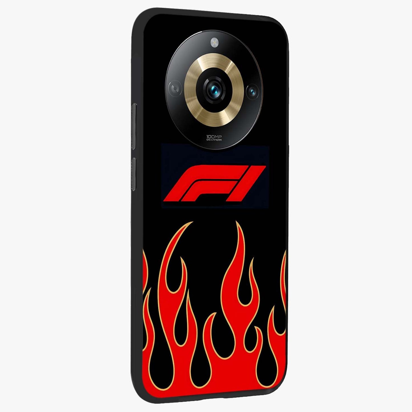 Fire F11 Glass Case upright view showcasing dynamic flame artwork with intense visual theme.