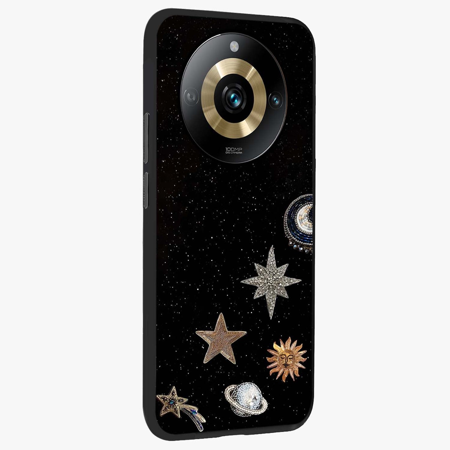Galactic Charm Glow Glass Case upright view showcasing glowing cosmic charm artwork with magical celestial style.