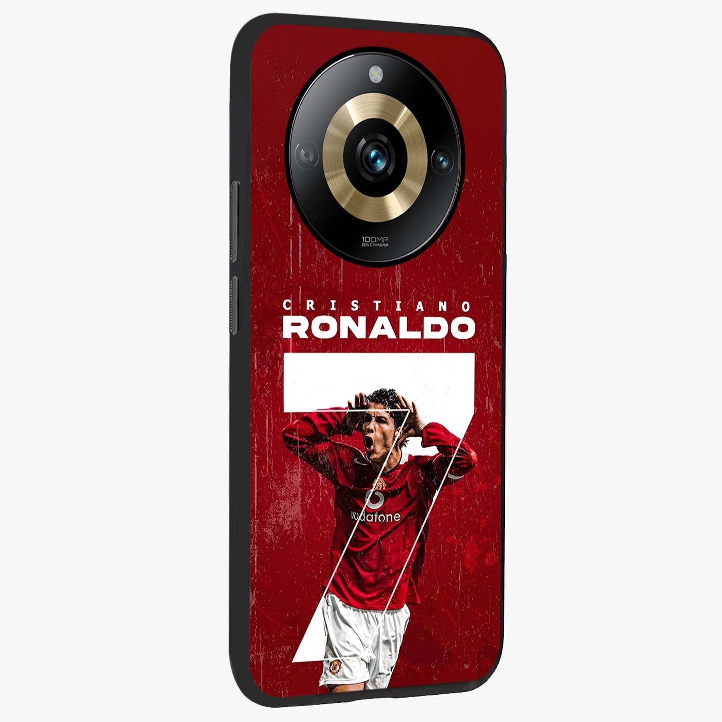 Goal Celebration Legacy Glass Case upright view showcasing dynamic football inspired artwork with victory celebration aesthetic.