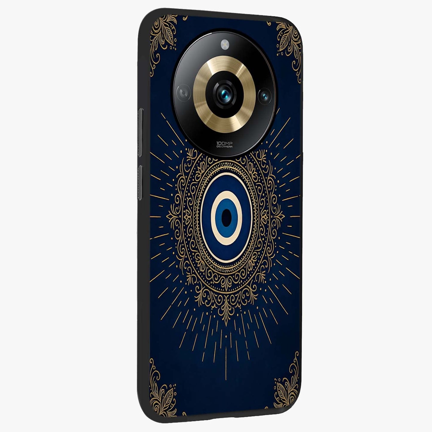 Golden Celestial Charm Glass Case upright view showcasing radiant celestial artwork with elegant golden theme.