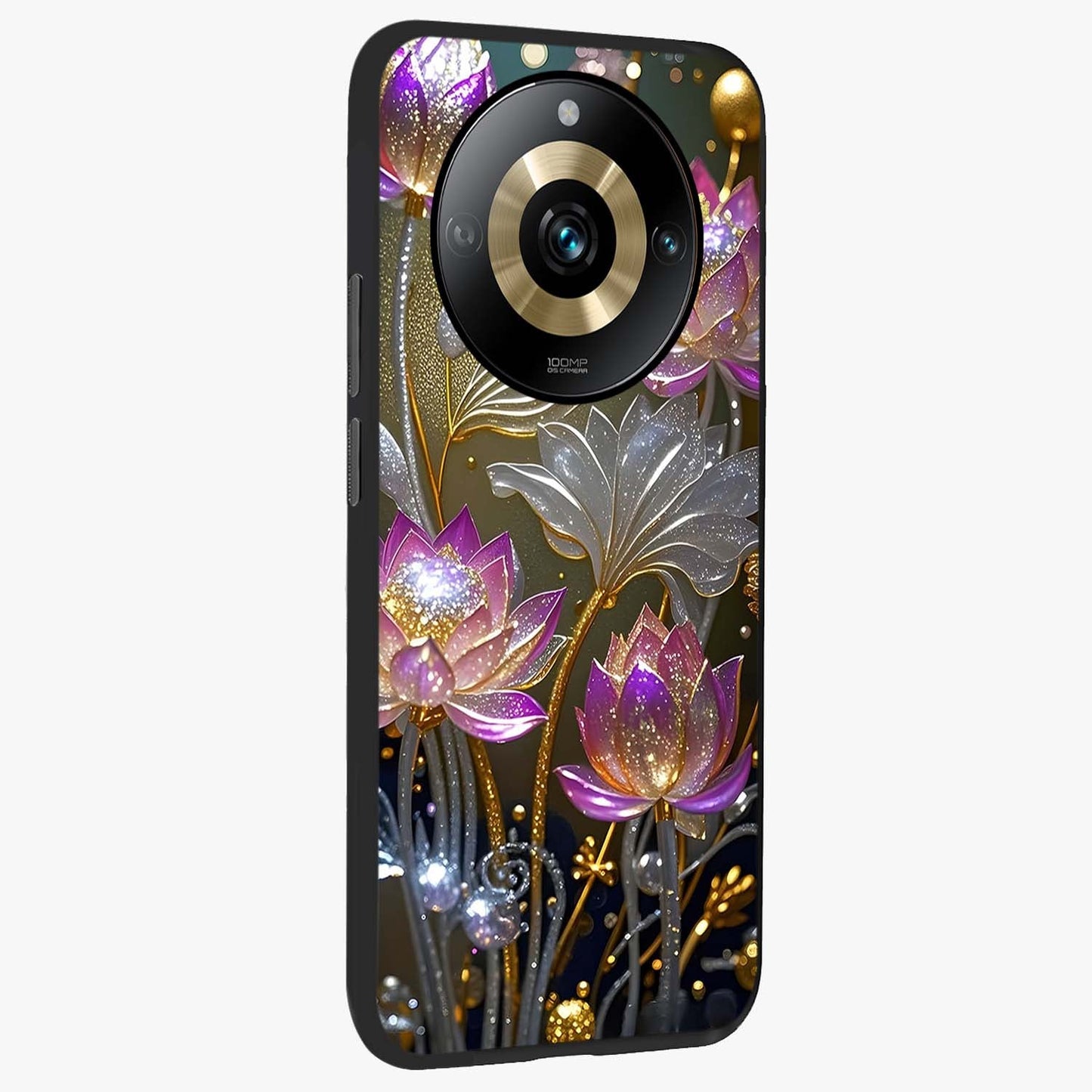 Golden Floral Majesty Glass Case upright view showcasing majestic floral artwork with rich decorative theme.