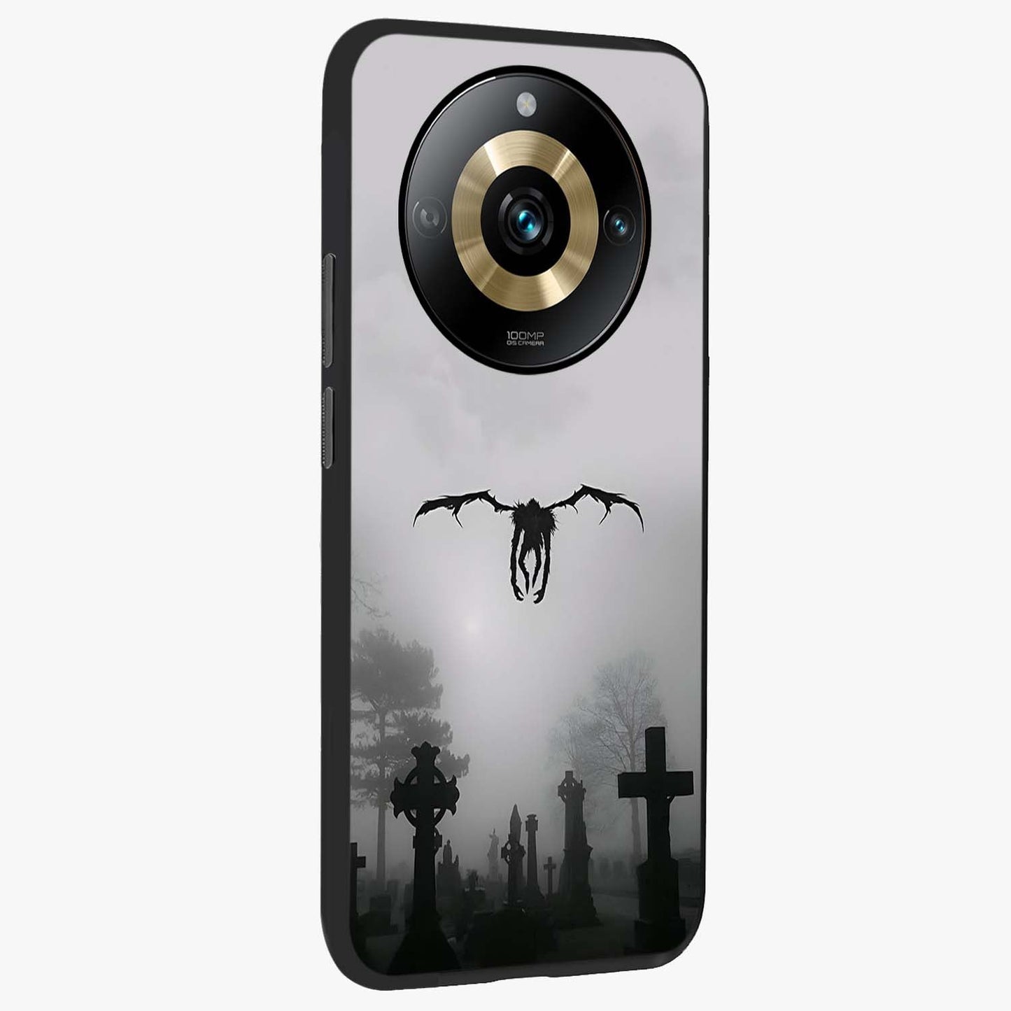 Graveyard Shadow Descent Glass Case upright view showcasing haunting graveyard artwork with dramatic dark theme.