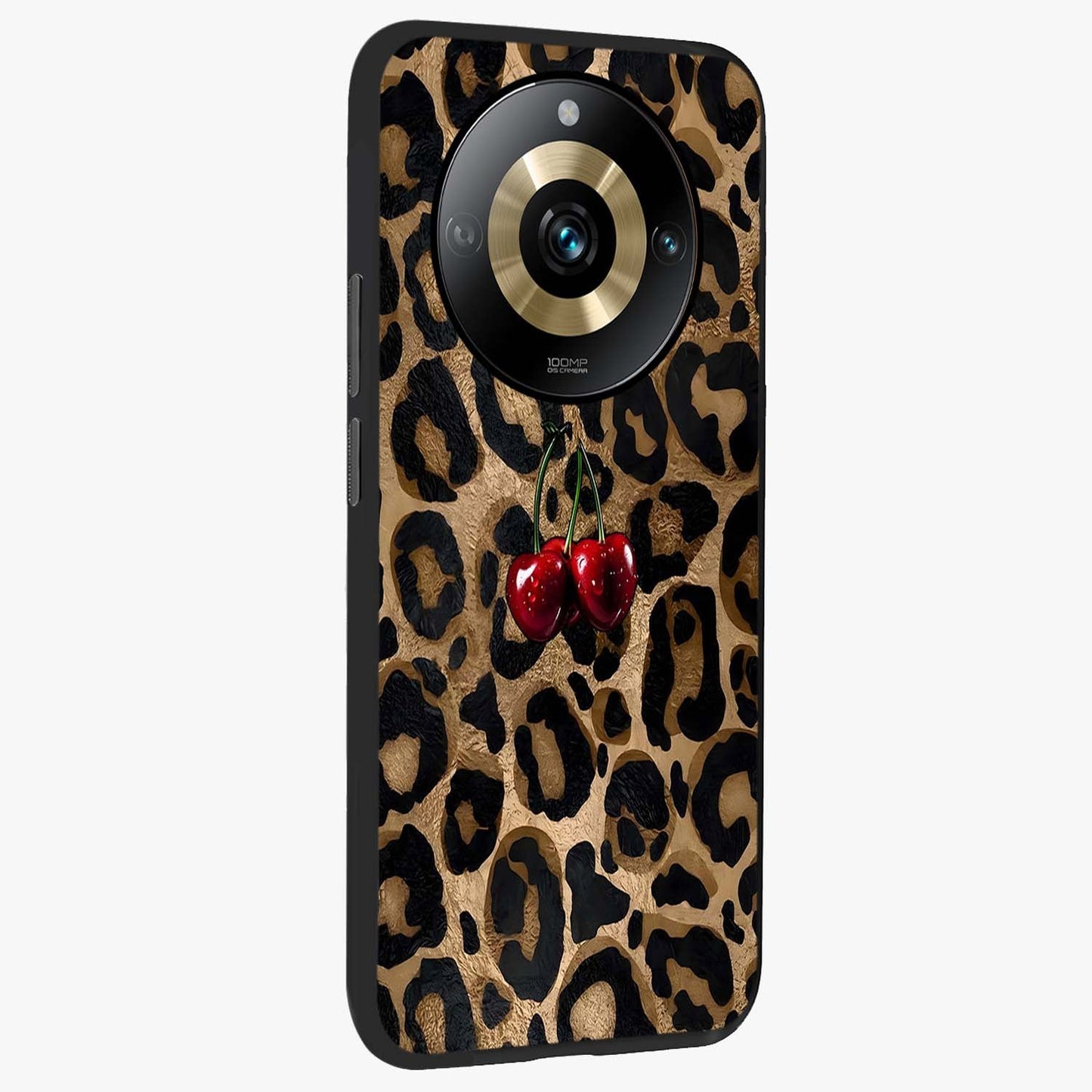 Leopard Wild Cherry Glass Case upright view showcasing stylish leopard pattern artwork with trendy fashion theme.