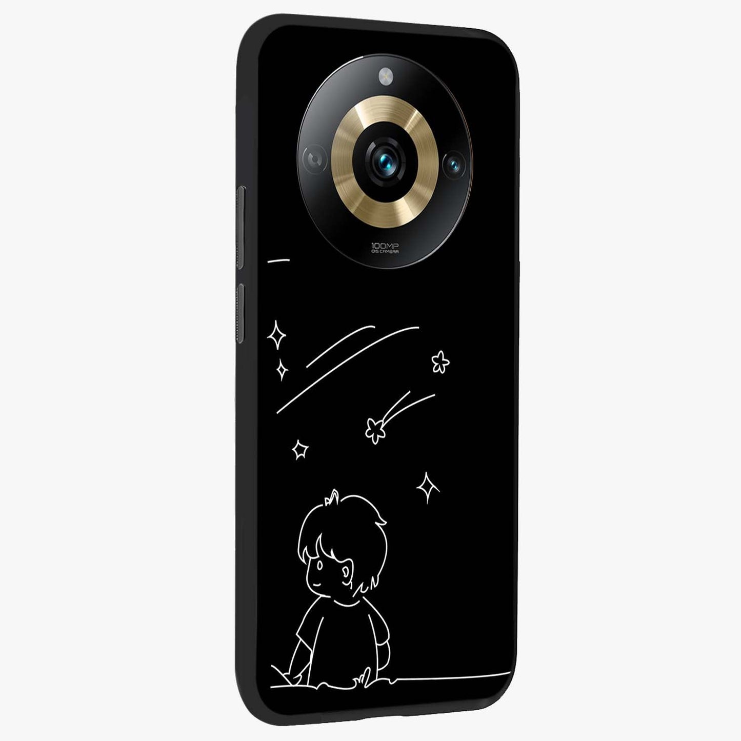 Line Art Boy With Shooting Stars Glass Case upright view showcasing artistic shooting star illustration with minimal style.