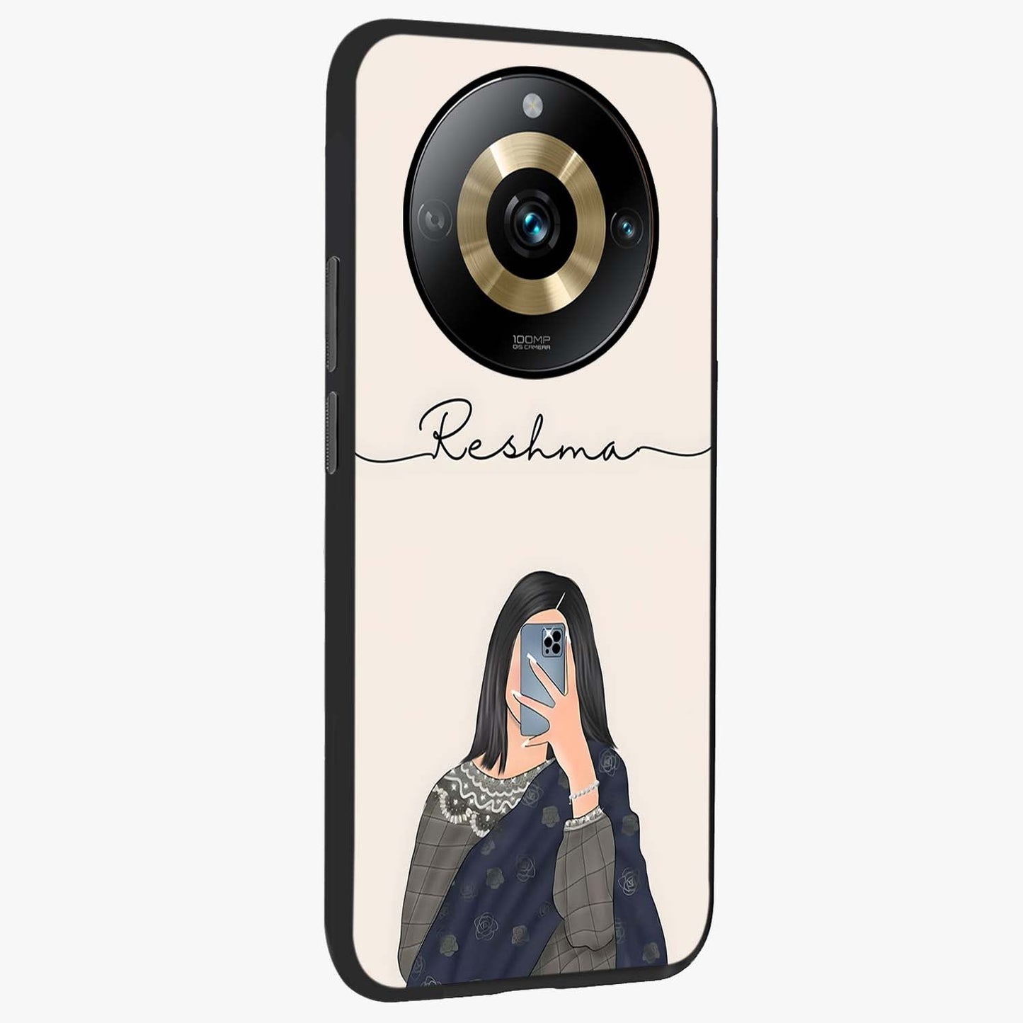 Mirror Mood Muse With Custom Name Glass Case upright view showcasing artistic mirror themed artwork with personalized aesthetic.