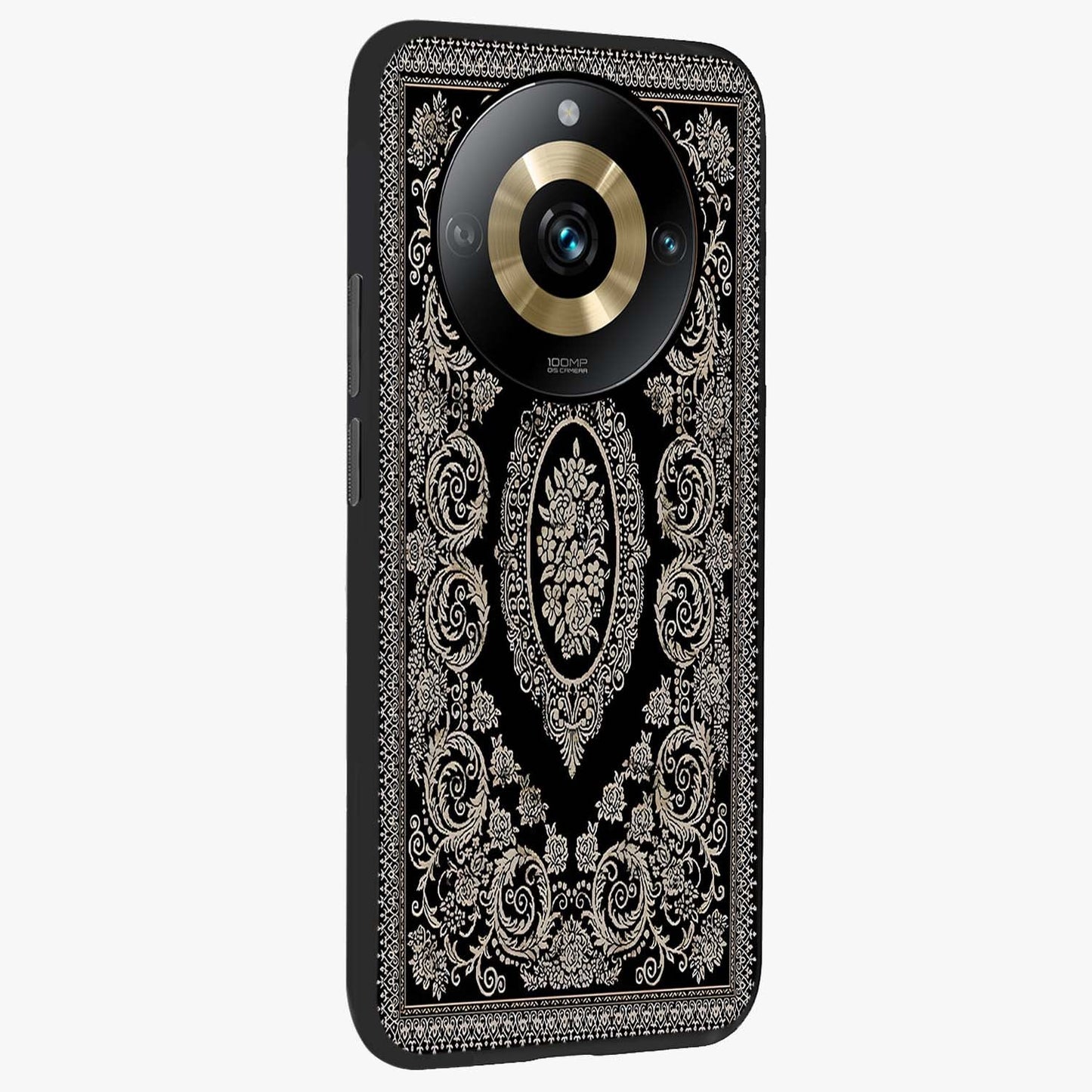 Noir Bloom Elegance Glass Case upright view showcasing graceful floral artwork with luxurious dark theme.