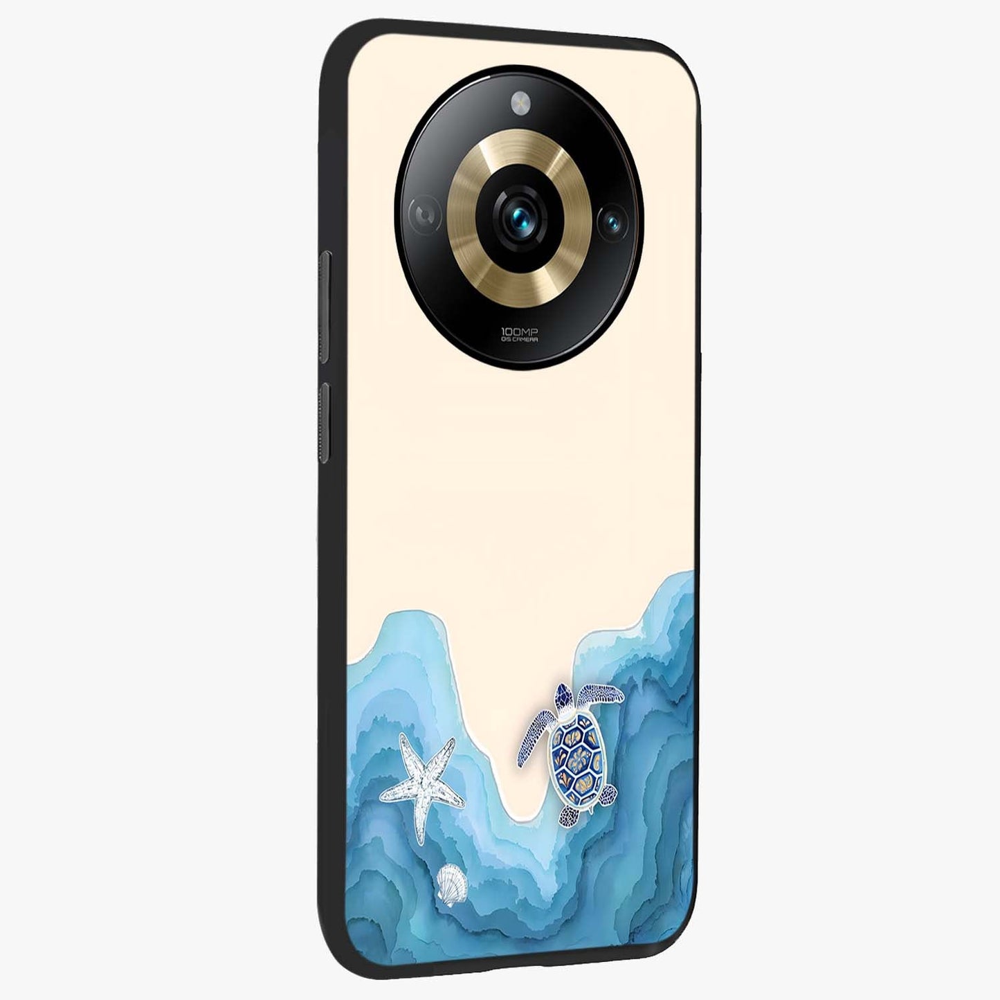 Ocean Drift Turtle Glass Case upright view showcasing calm underwater turtle artwork with nature inspired theme.