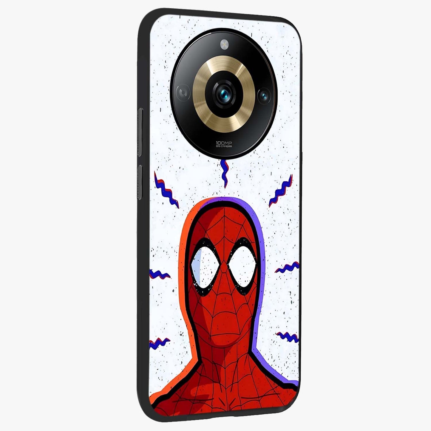 Omg Spiderman Glass Case upright view showcasing energetic superhero artwork with vibrant comic theme.