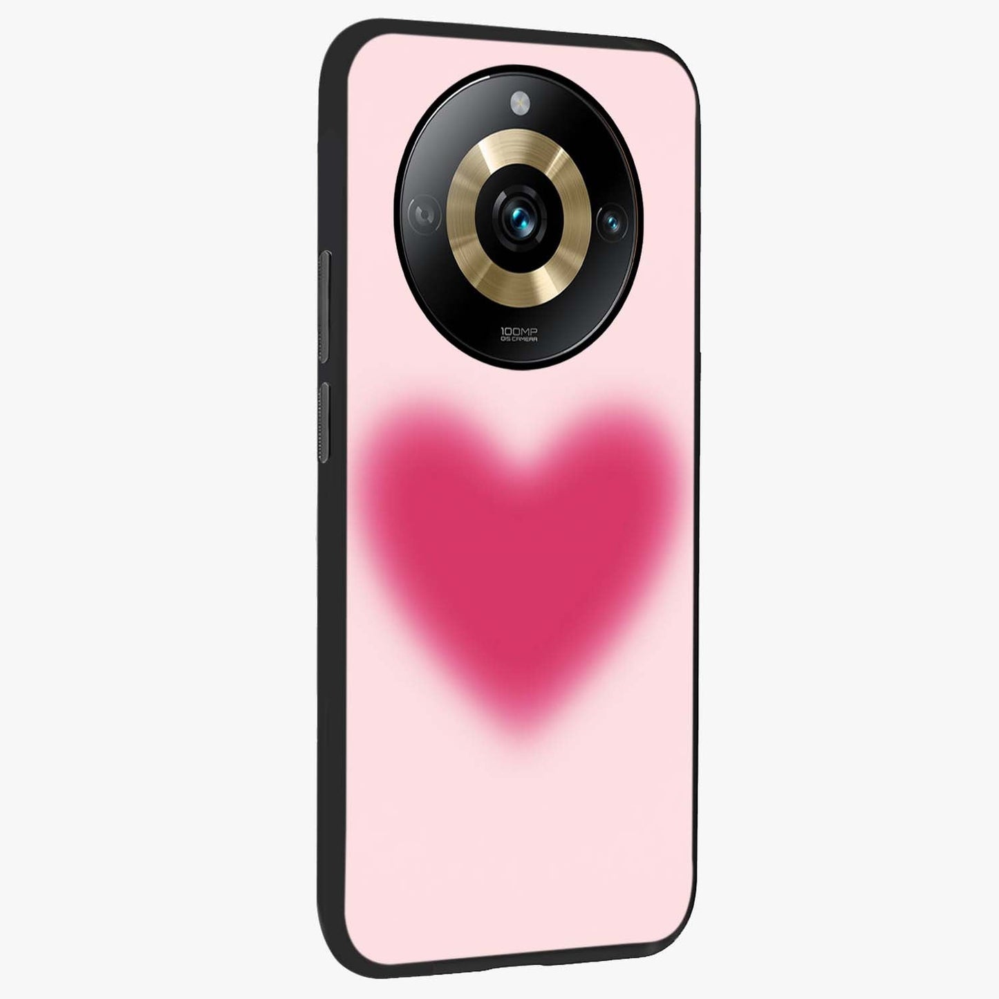 Pink Aura Heart Glass Case upright view showcasing romantic heart artwork with soft pastel theme.