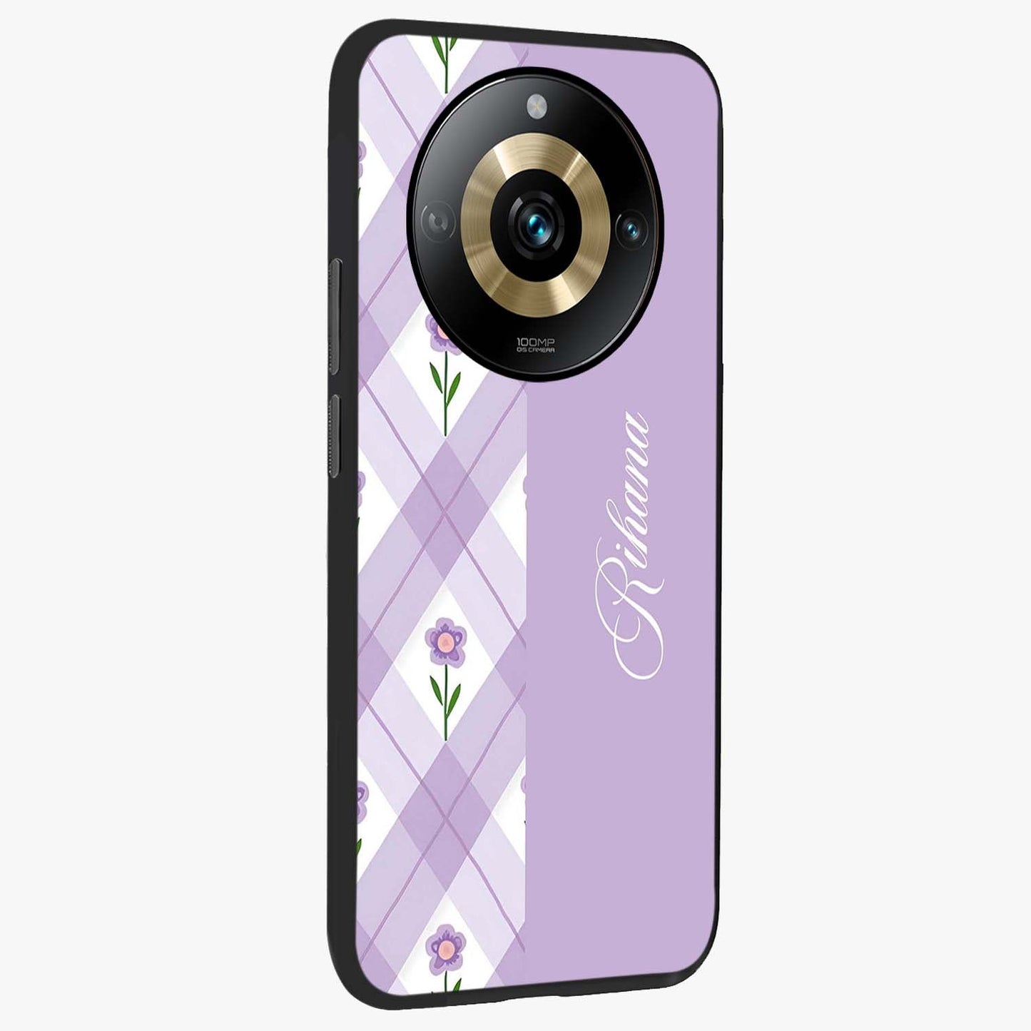 Purple Diamond Floral Glass Case upright view showcasing vibrant floral artwork with stylish geometric theme.