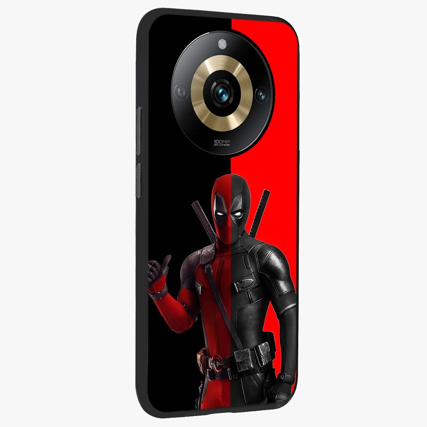 Red & Black Deadpool Theme Glass Case upright view showcasing energetic comic themed artwork with striking red and black design.