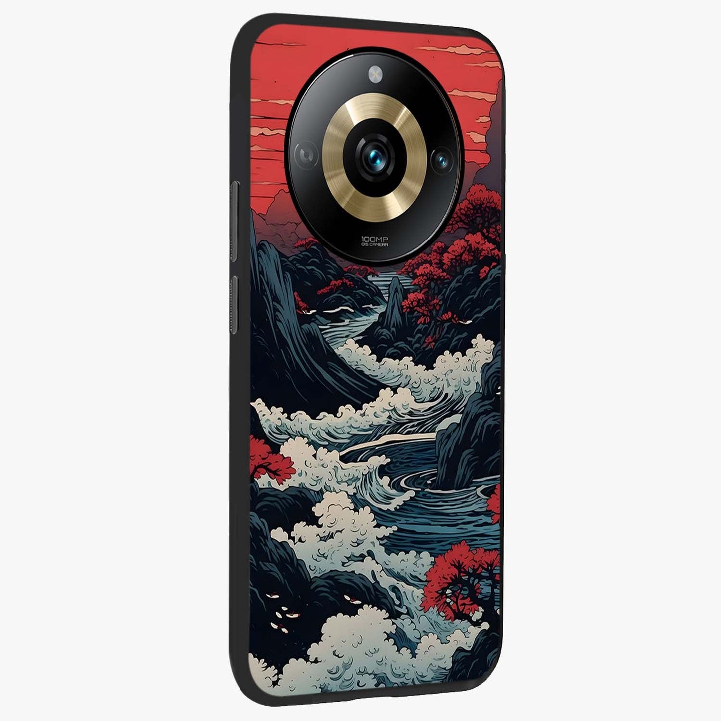 Red Sunset Scenery Glass Case upright view showcasing dramatic sunset scenery artwork with warm nature theme.