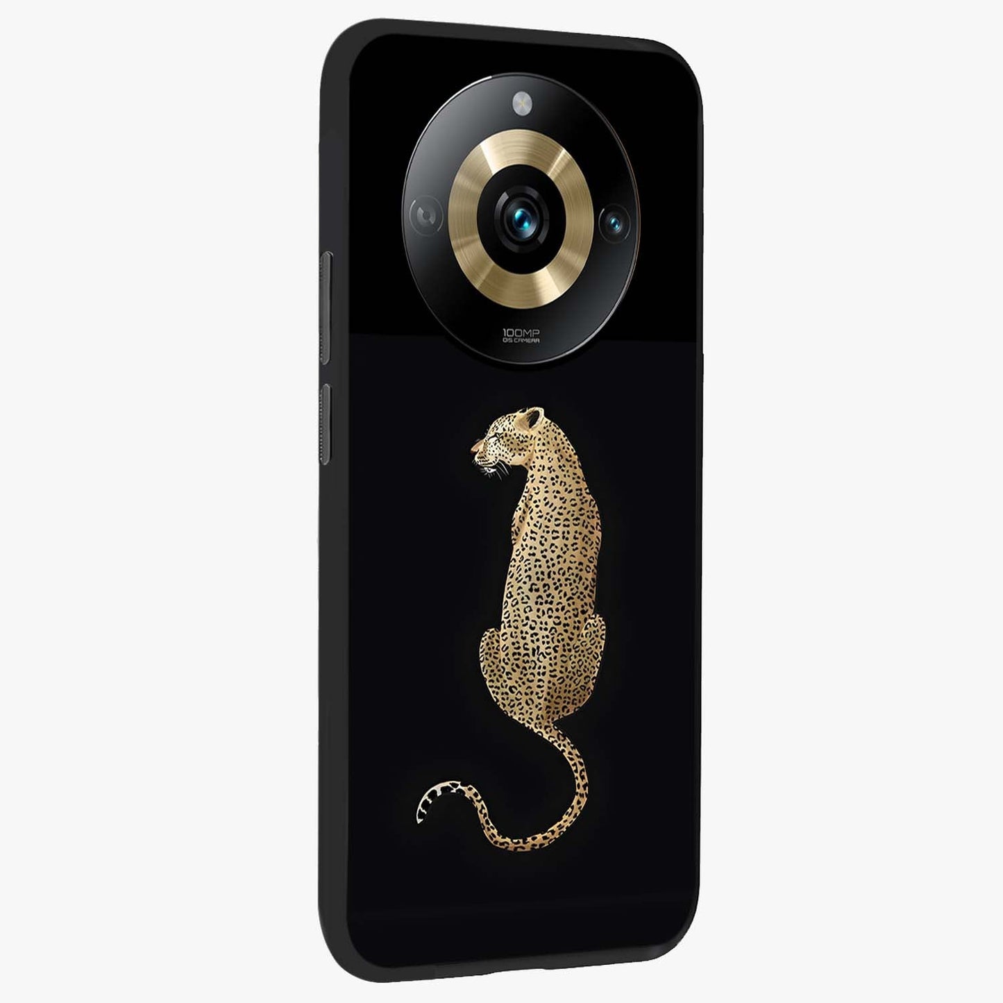 Regal Leopard Glass Case upright view showcasing striking leopard artwork with fierce wildlife theme.