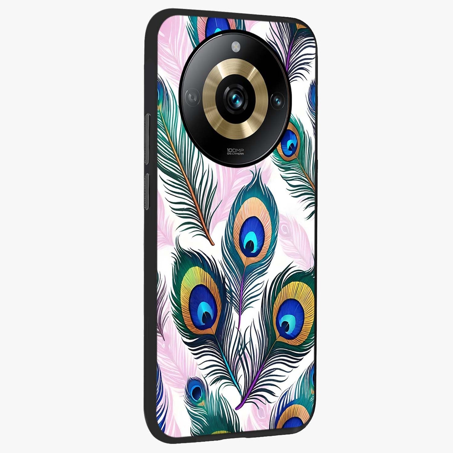 Royal Peacock Feathers Glass Case upright view showcasing elegant peacock feather artwork with decorative royal theme.