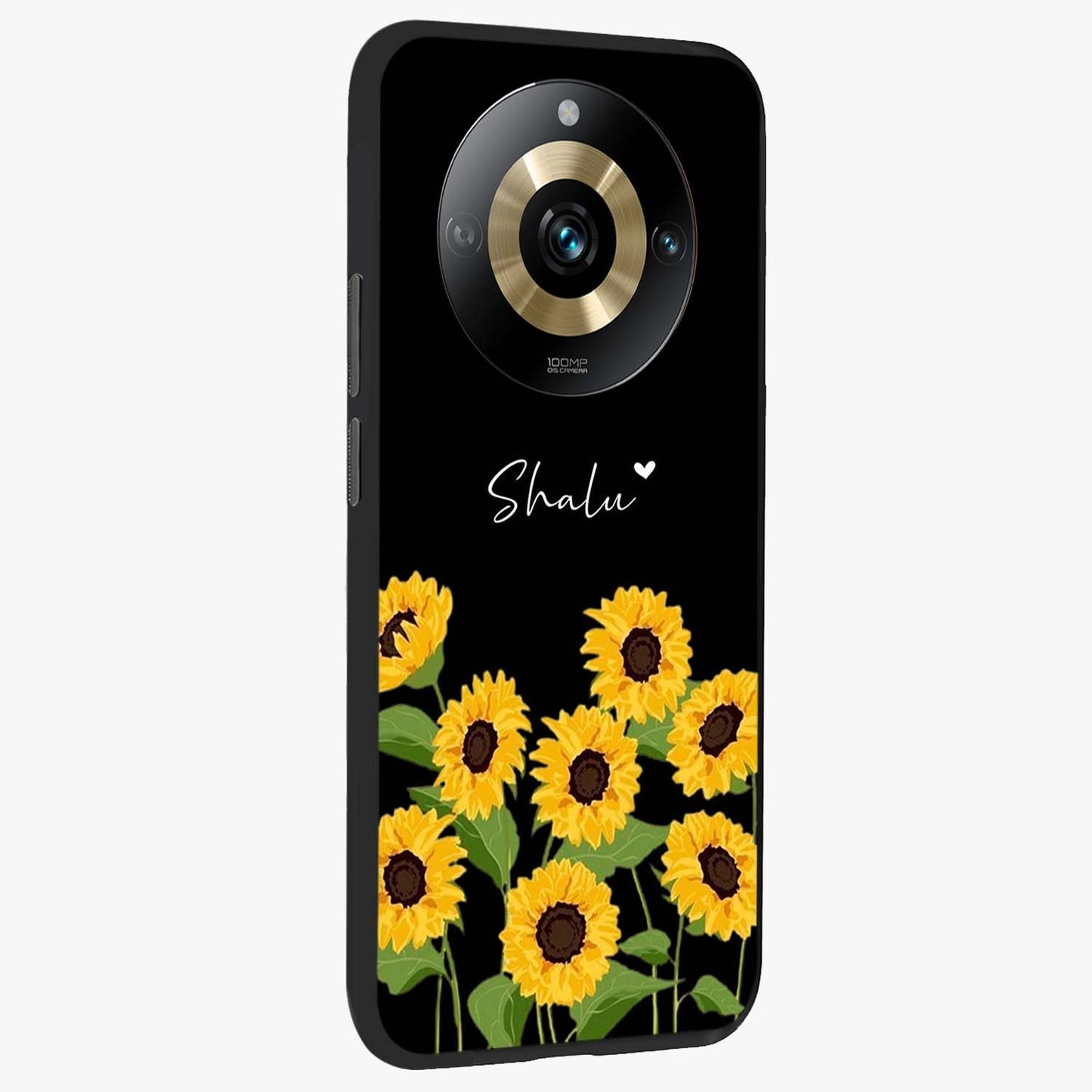 Sunflower Chic Mood Custom Name Glass Case upright view showcasing cheerful sunflower artwork with trendy floral theme.