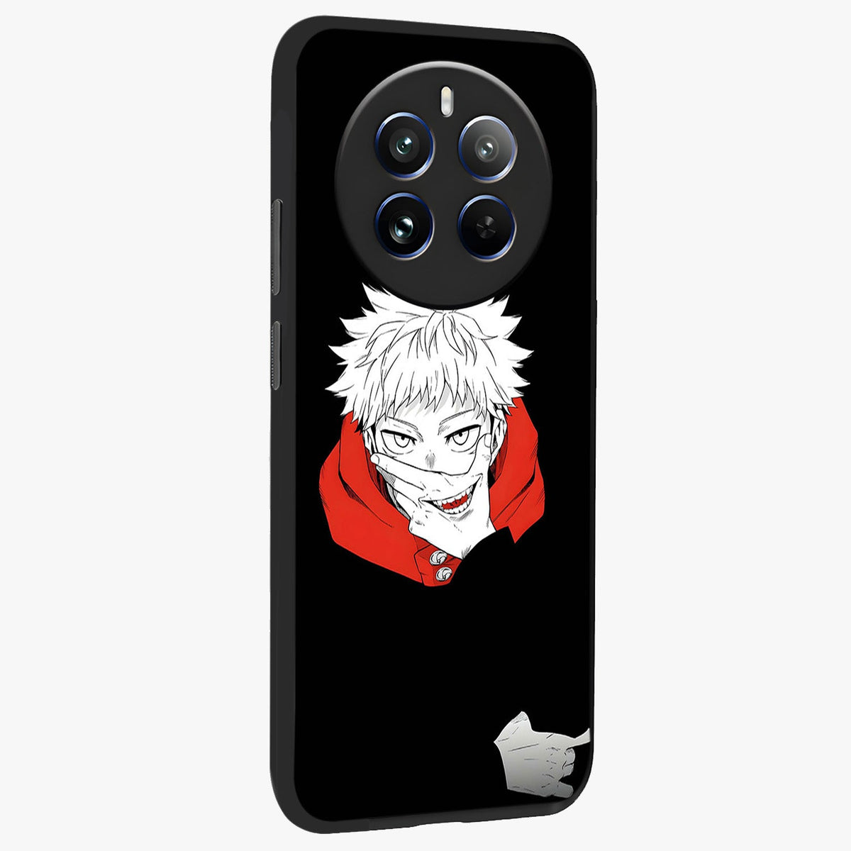Crimson Chaos Smile Glass Case upright view showcasing expressive chaotic artwork with striking visual theme.