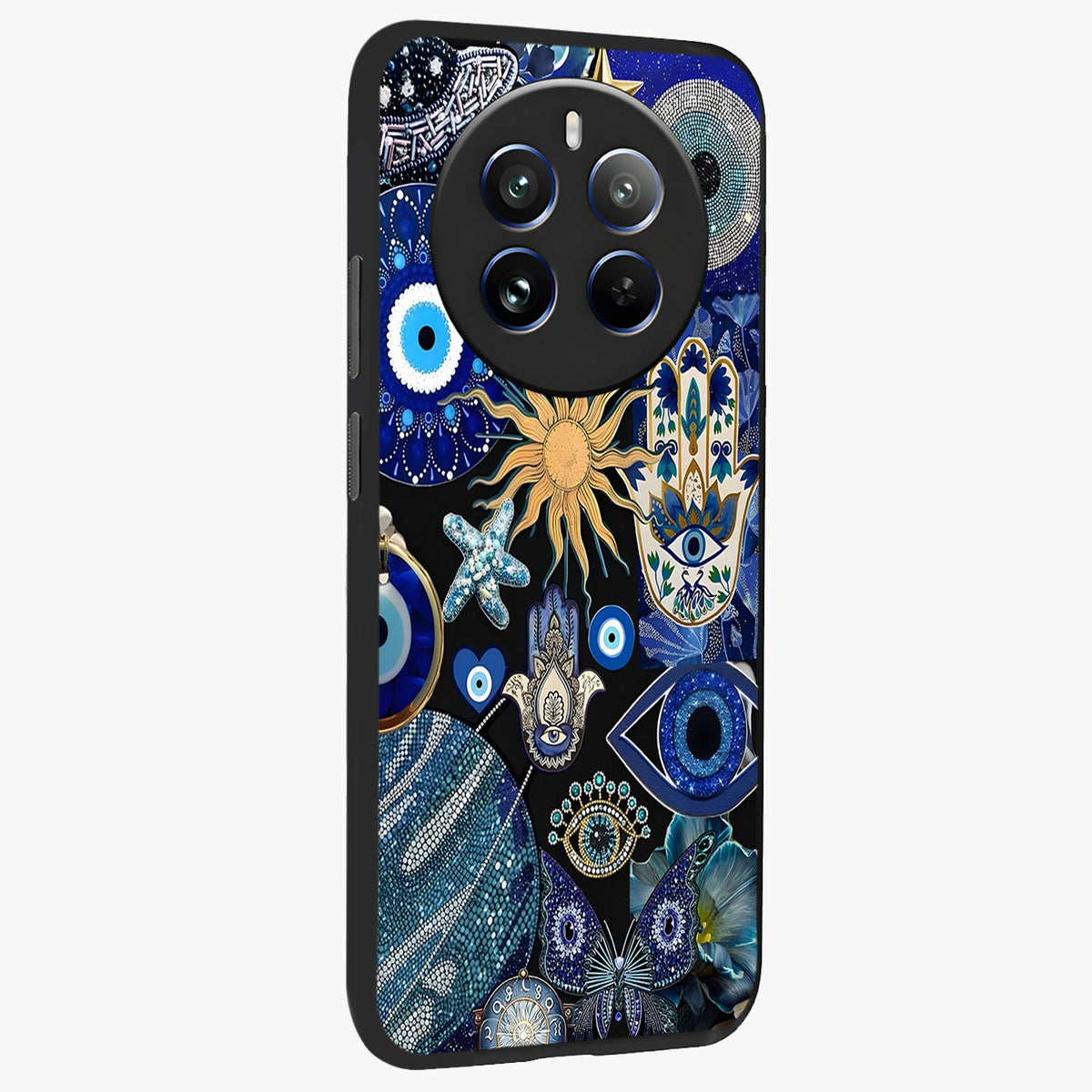 Evil Eye Charm Mix Glass Case upright view showcasing mystical evil eye pattern with vibrant decorative style.