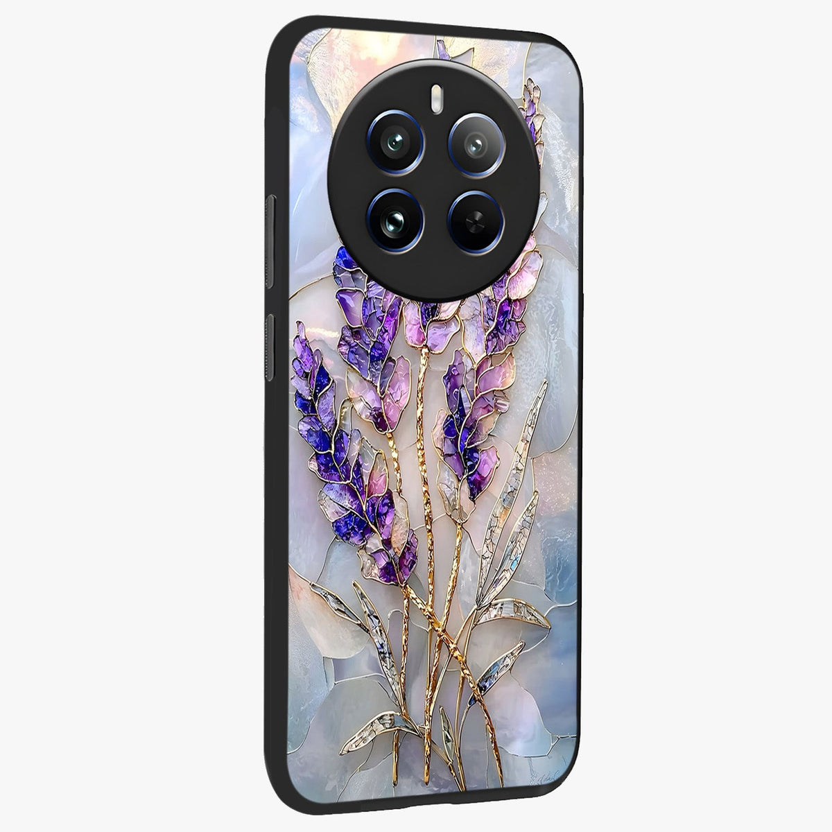 Lavender Dream Glow Glass Case upright view showcasing radiant lavender glow artwork with calming dreamy theme.