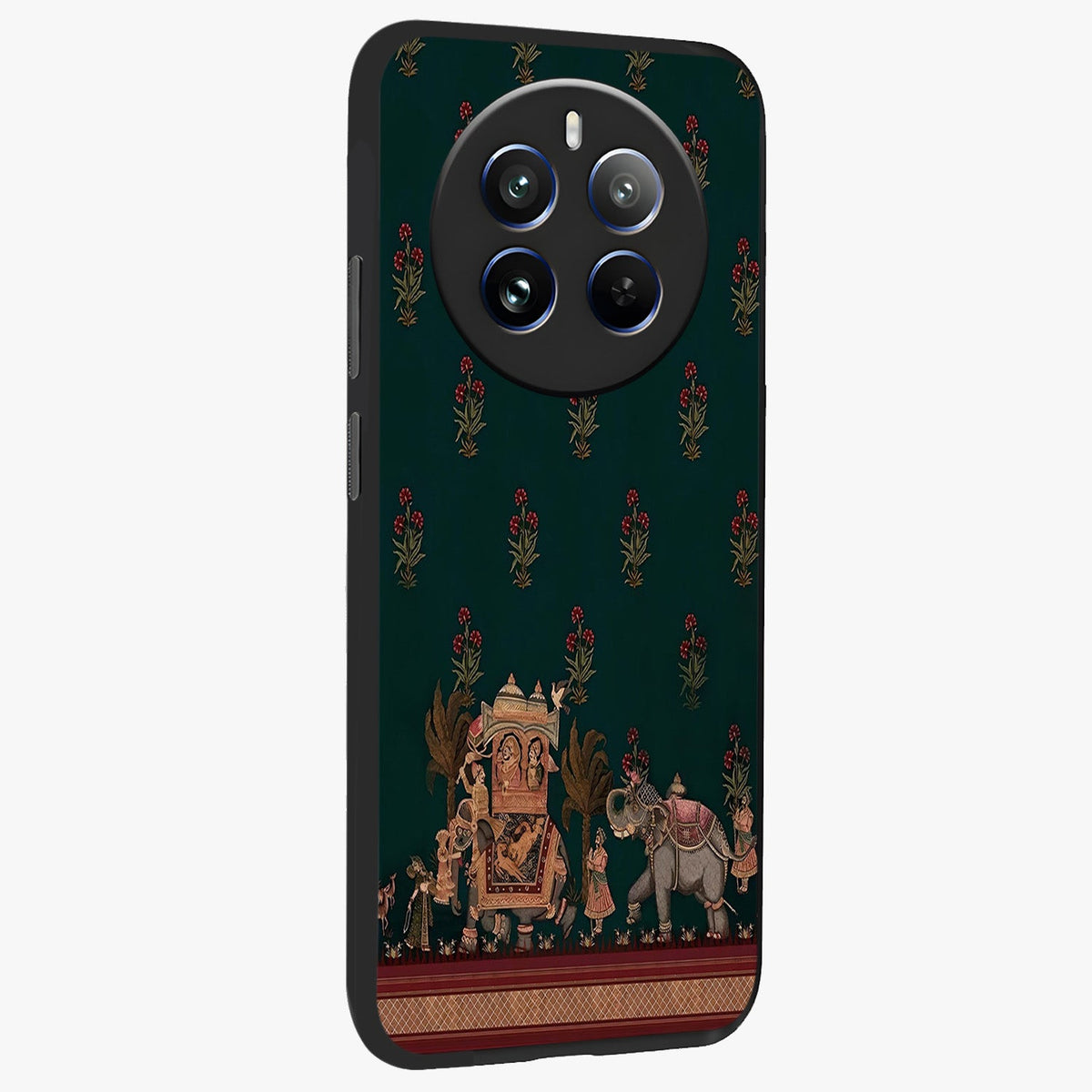 Macmerise Glass Case upright view showcasing bold artistic artwork with contemporary design theme.