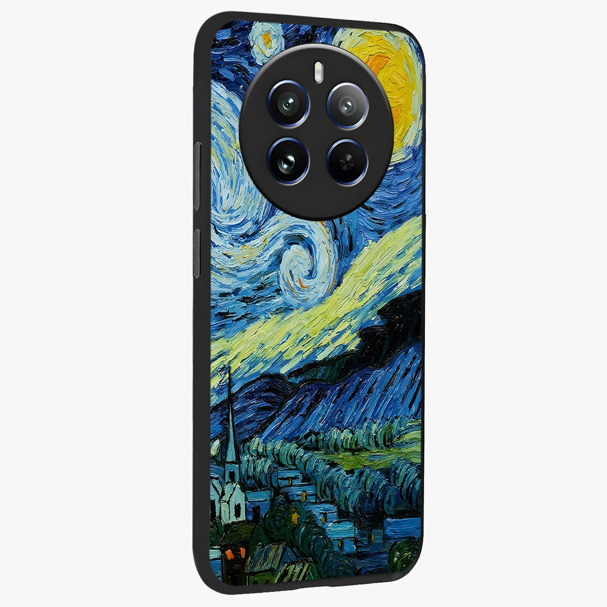 Van Gogh Art Glass Case upright view showcasing expressive painting style artwork with timeless artistic theme.