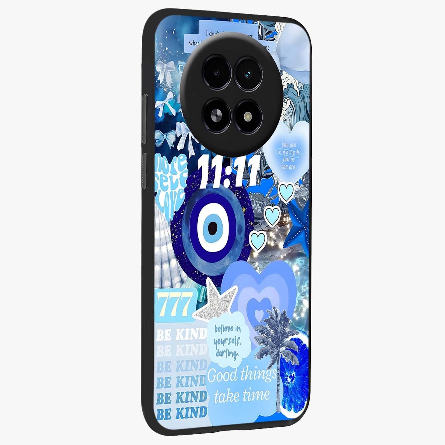 Aesthetic Be Kind Eye Glass Case upright view showcasing stylish eye illustration with positive message theme.