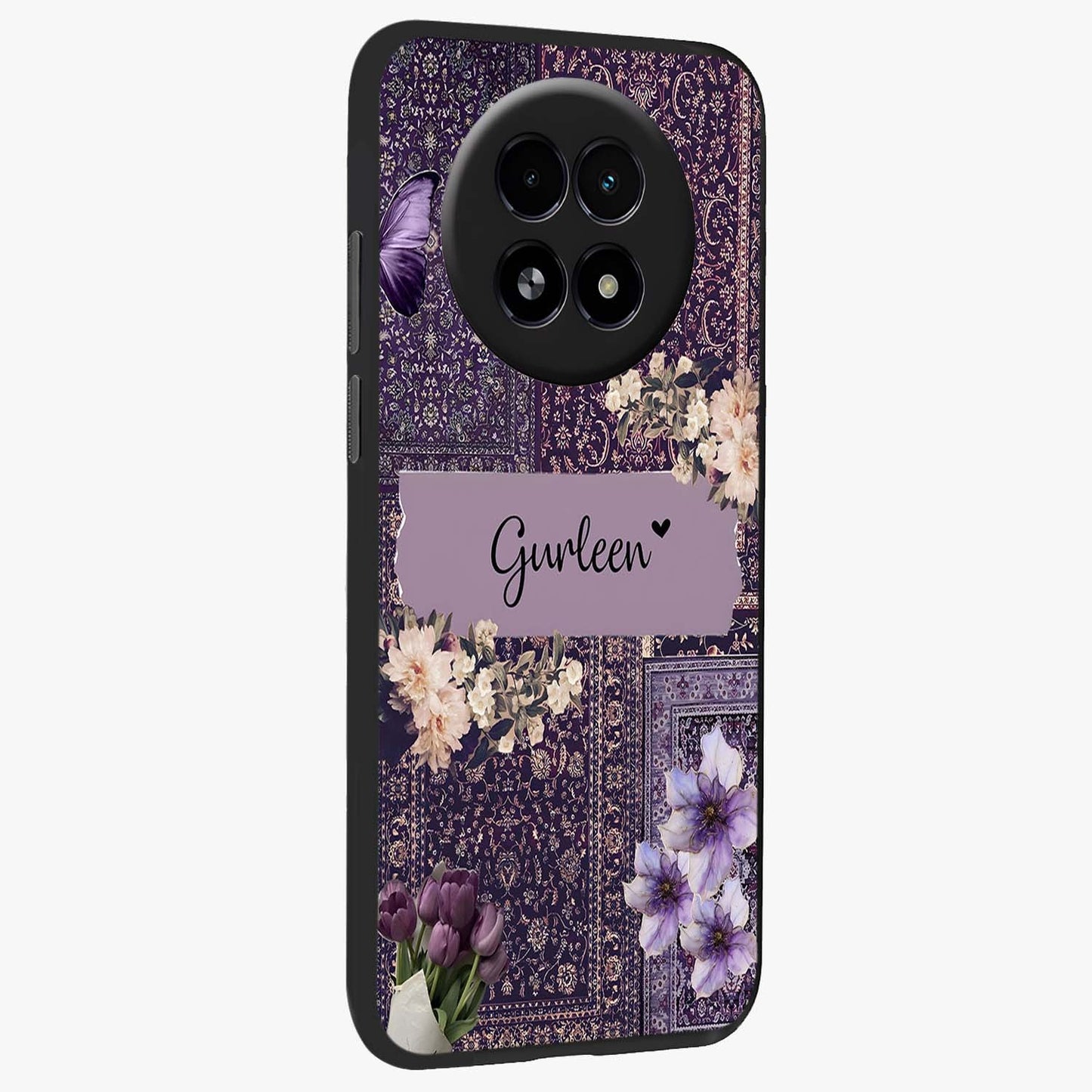 Antique Floral Whisper Custom Name Glass Case upright view showcasing delicate floral artwork with custom name feature.