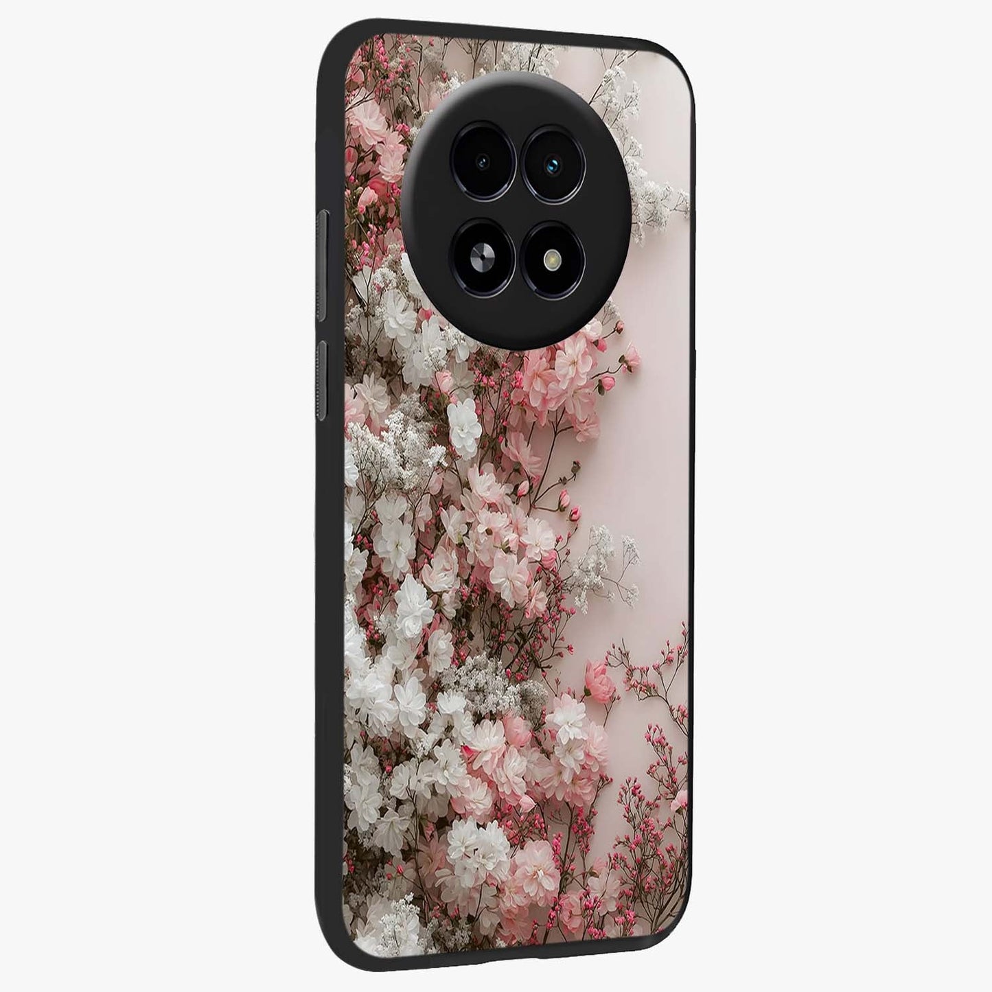 Blush Blossom Cloud Glass Case upright view showcasing calm floral cloud artwork with gentle dreamy theme.