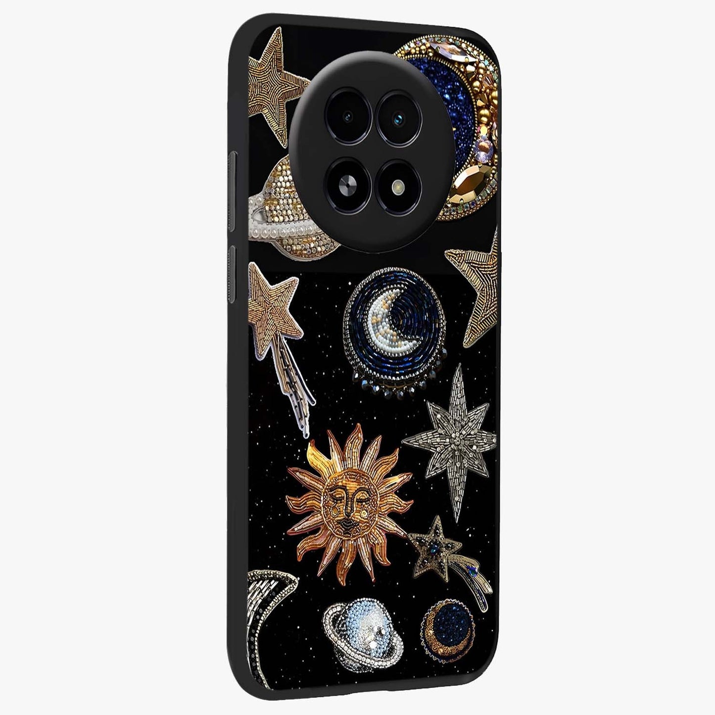 Celestial Gem Constellations Glass Case upright view showcasing cosmic constellation artwork with celestial aesthetic style.