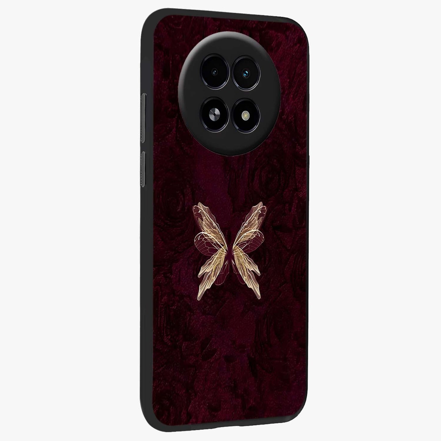 Crimson Fade Butterfly Glass Case upright view showcasing graceful butterfly artwork with soft crimson fade effect.