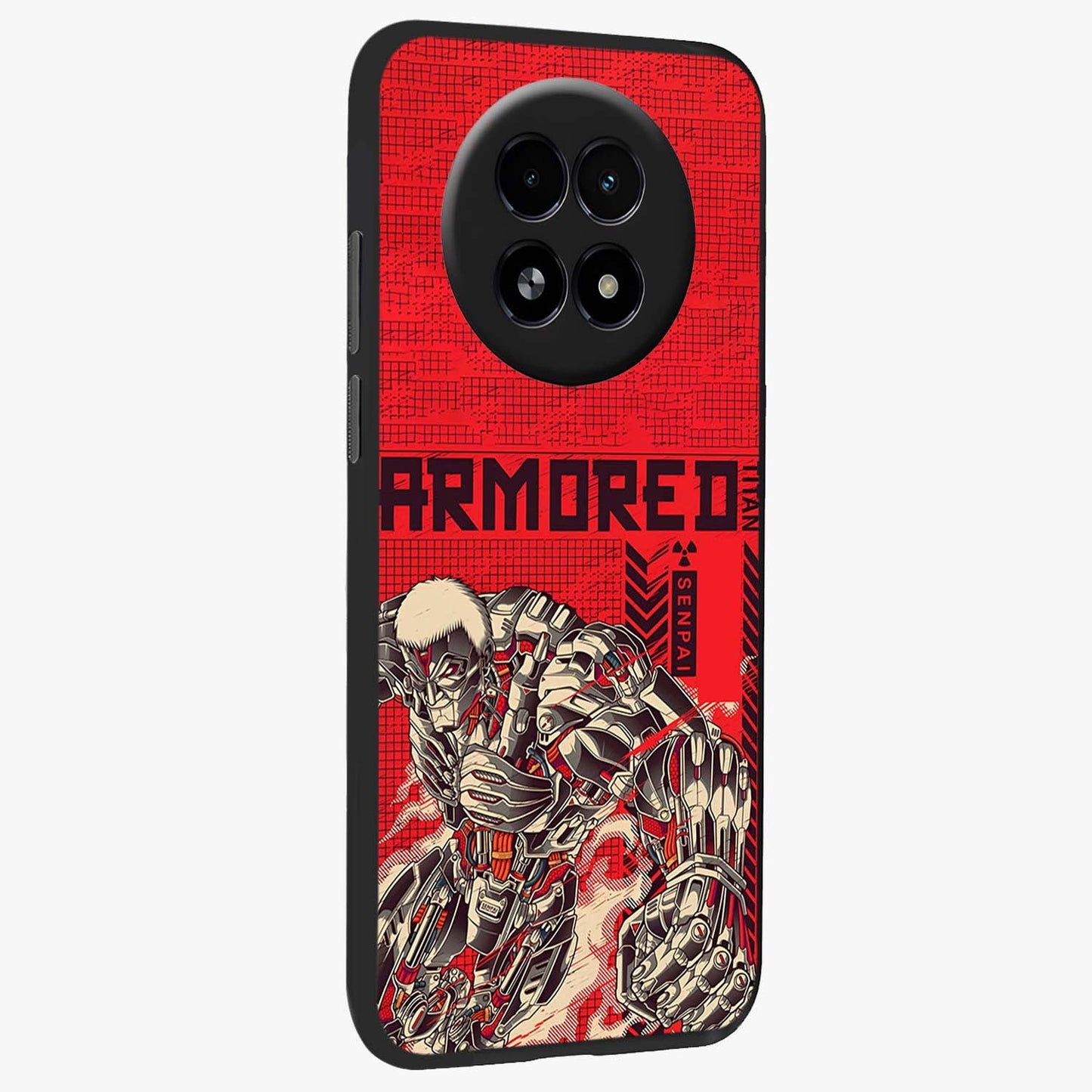 Crimson Mecha Titan Glass Case upright view showcasing dynamic robotic titan design with sci-fi inspired theme.