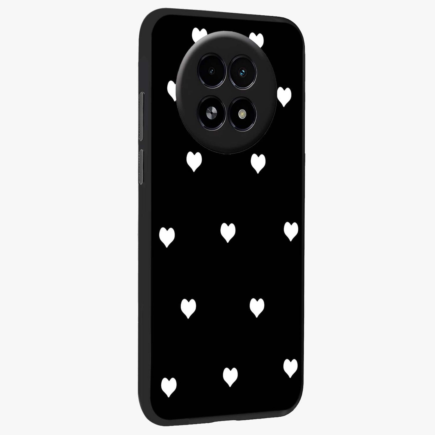 Cute And Simple White Hearts Glass Case upright view showcasing simple white hearts artwork with soft minimal theme.