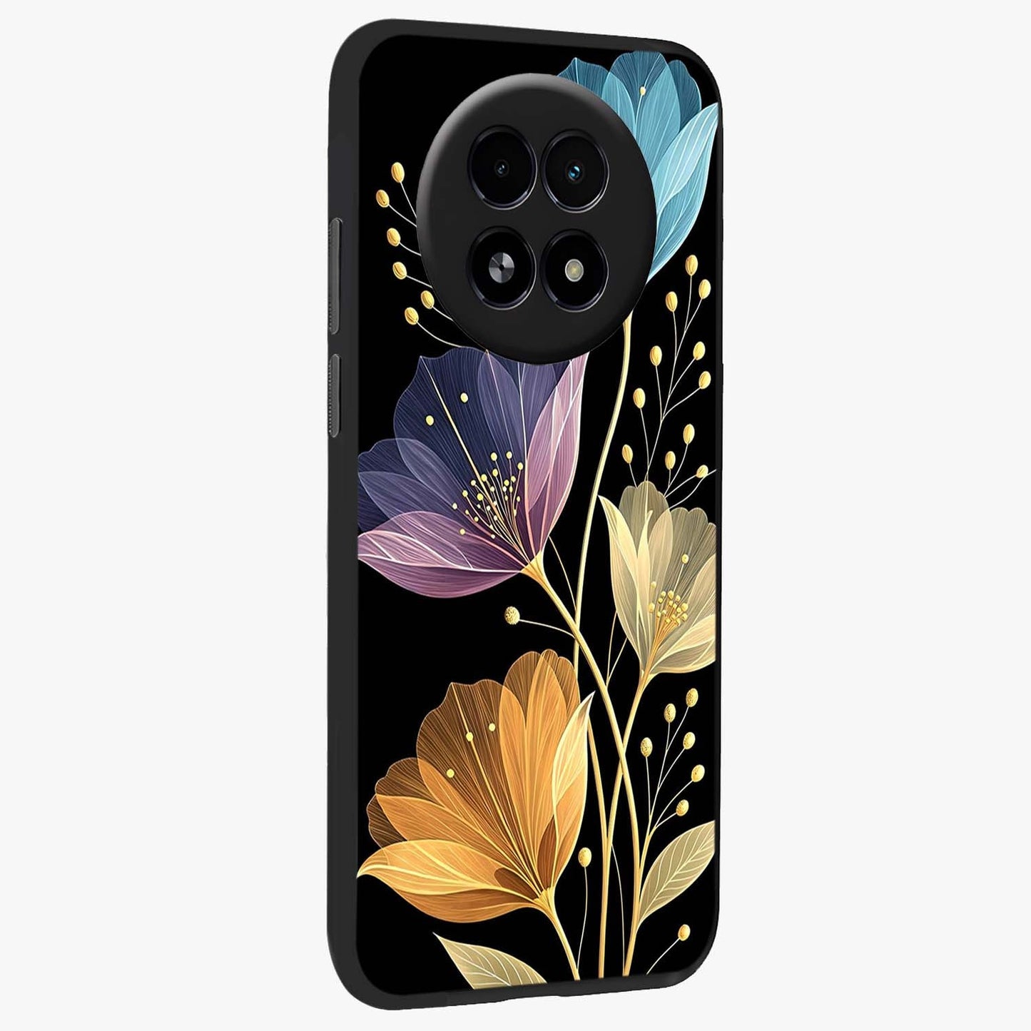 Delicate Multicolor Flowers Glass Case upright view showcasing delicate floral artwork with bright botanical theme.