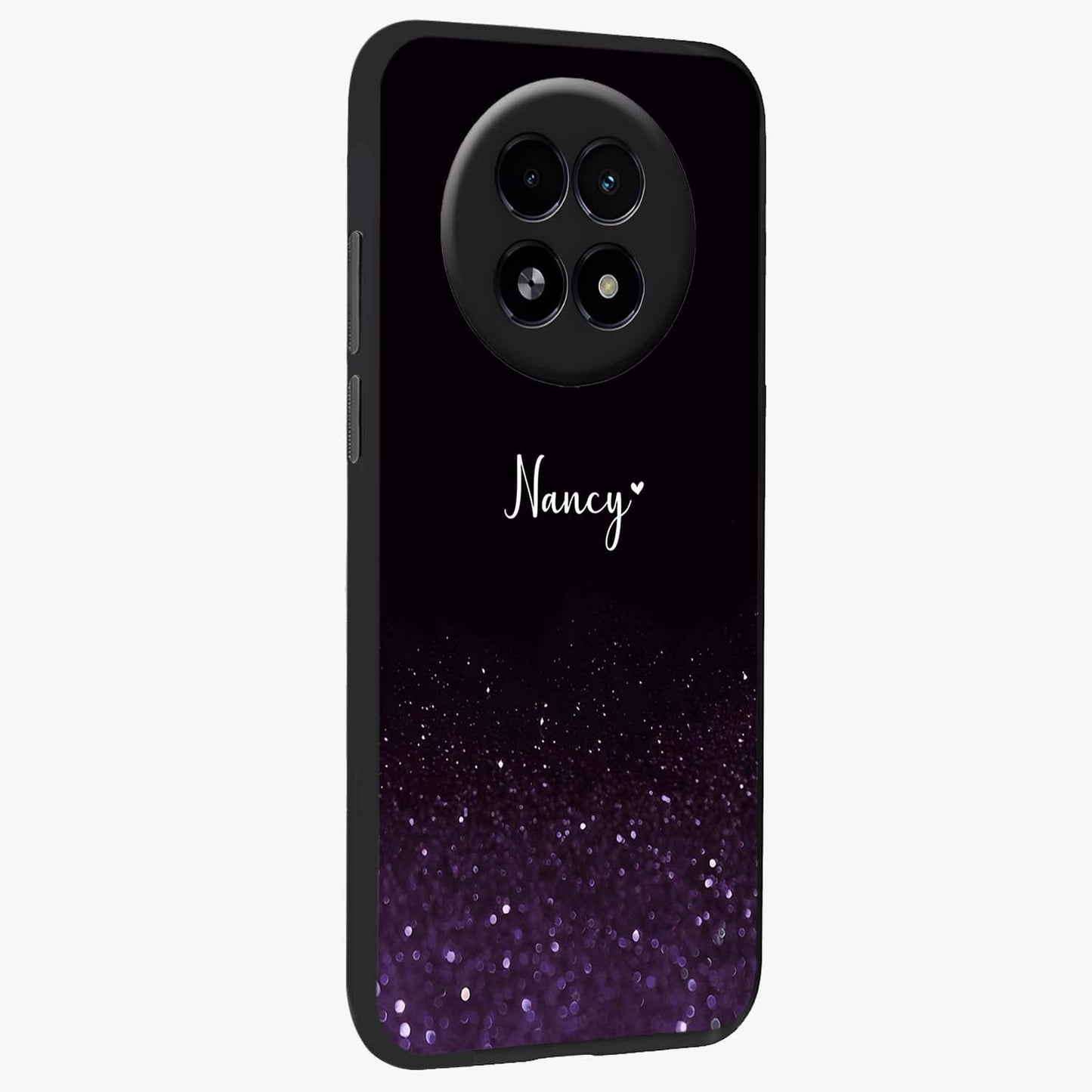 Glittery Purple Bokeh Custom Name Glass Case upright view showcasing vibrant purple sparkle artwork with personalized aesthetic style.