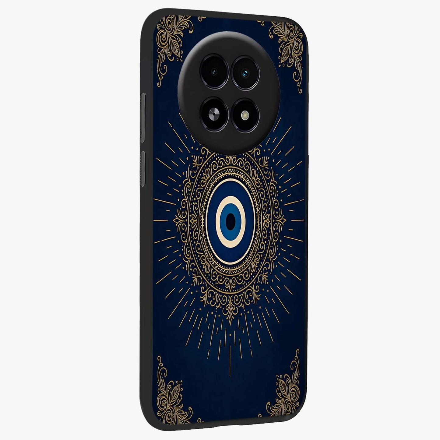 Golden Celestial Charm Glass Case upright view showcasing radiant celestial artwork with elegant golden theme.