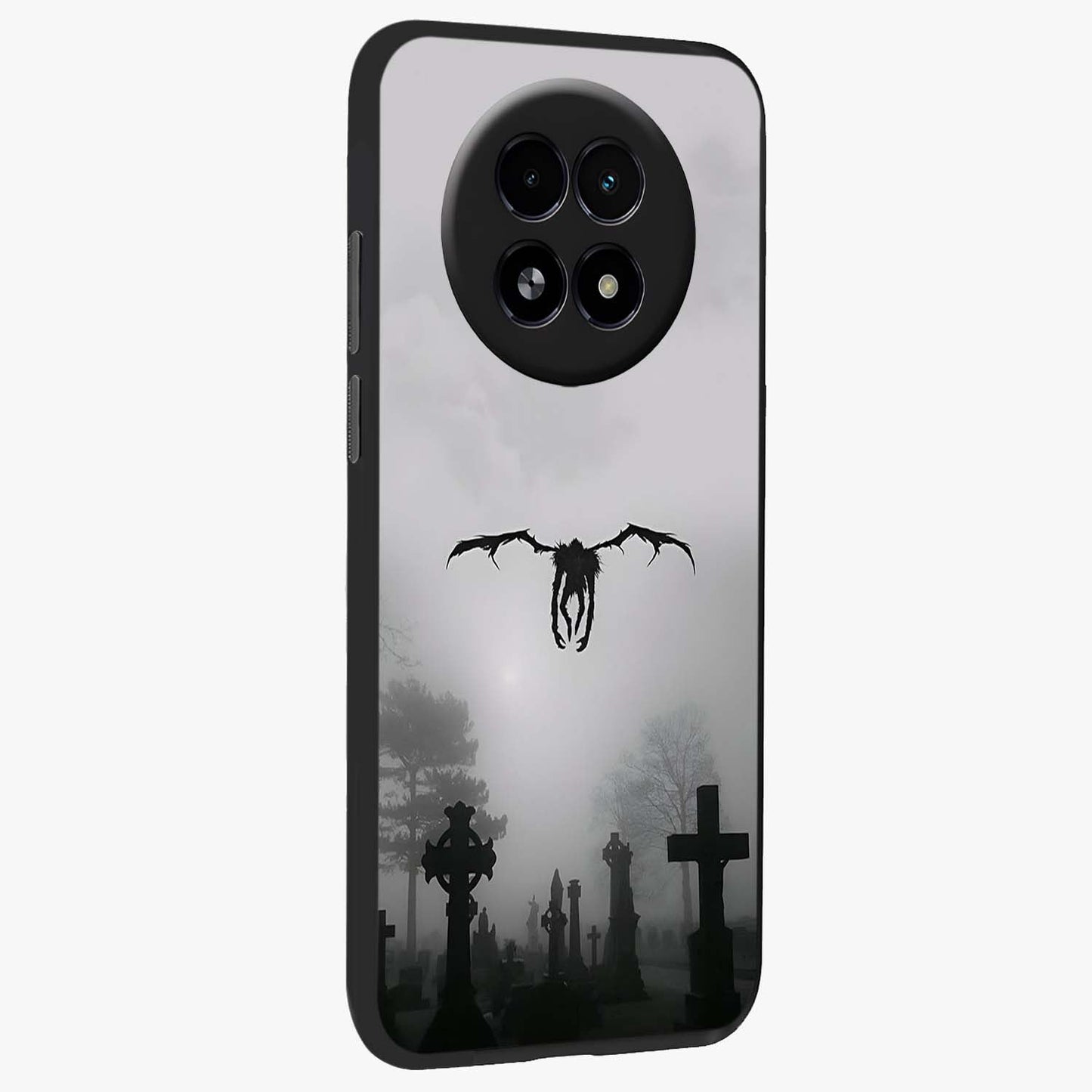 Graveyard Shadow Descent Glass Case upright view showcasing haunting graveyard artwork with dramatic dark theme.