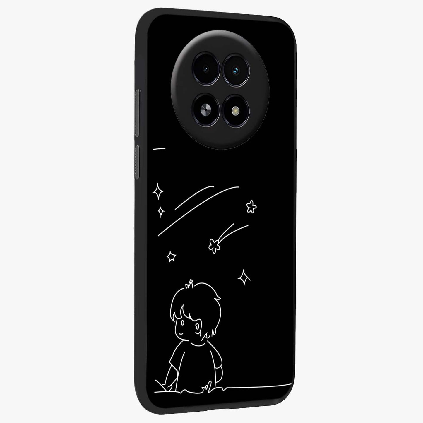 Line Art Boy With Shooting Stars Glass Case upright view showcasing artistic shooting star illustration with minimal style.