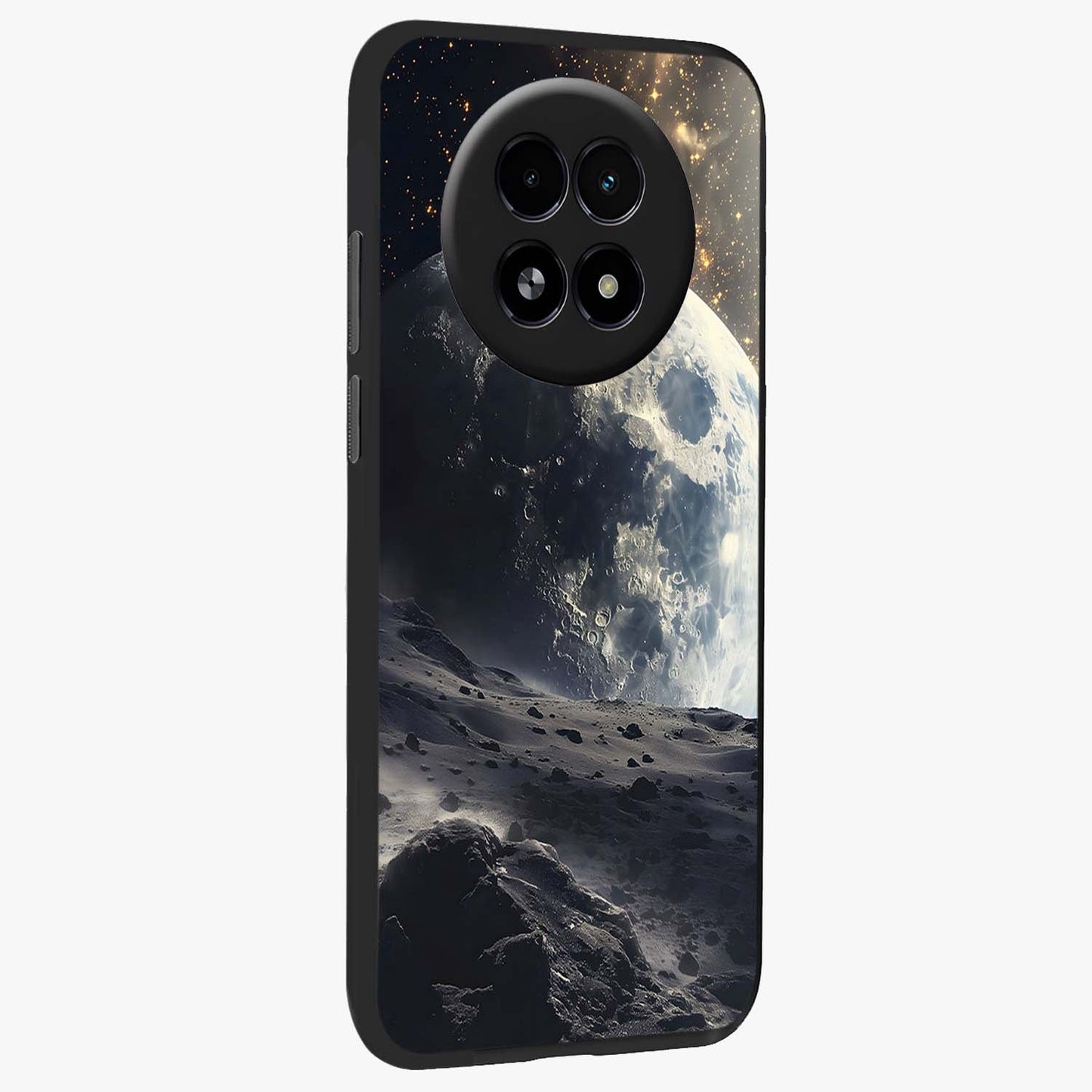 Lunar Horizon Glow Glass Case upright view showcasing radiant lunar artwork with calm cosmic theme.