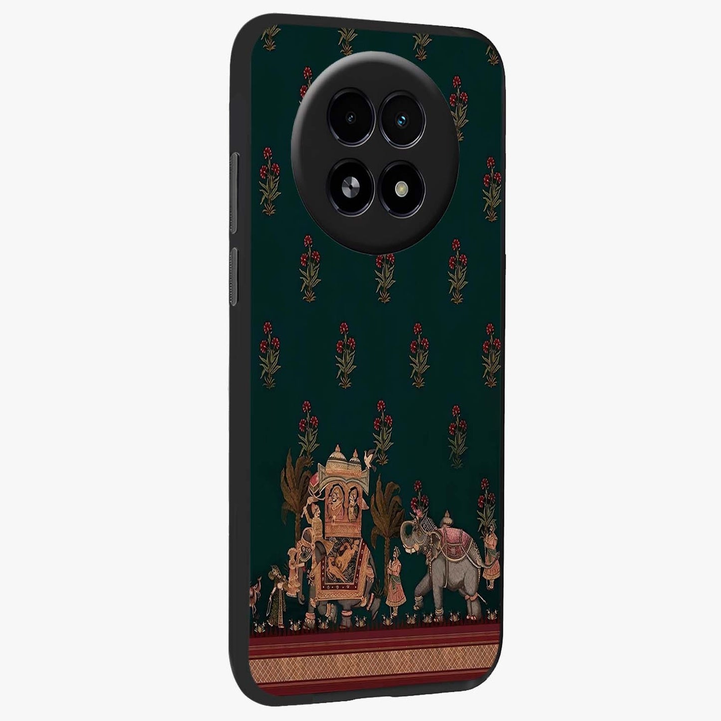 Macmerise Glass Case upright view showcasing bold artistic artwork with contemporary design theme.