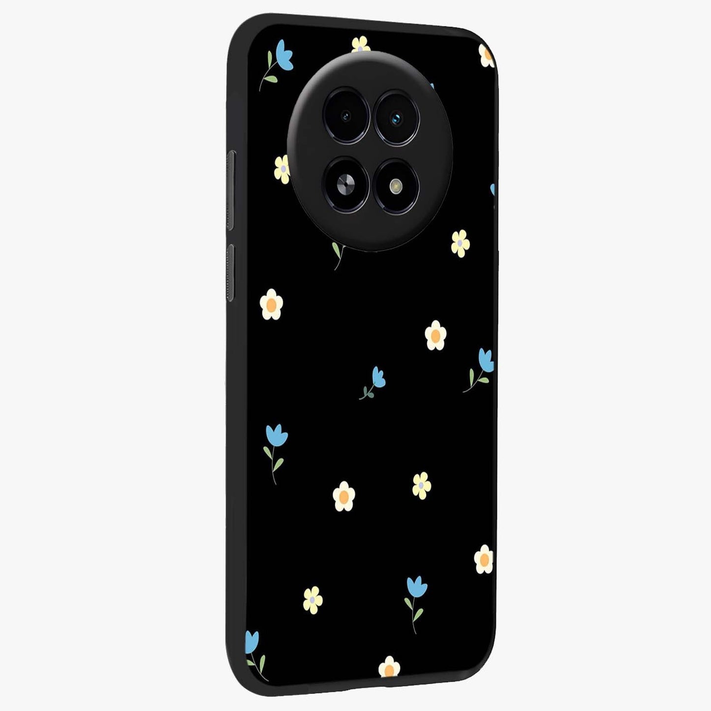 Minimal Petal Whispers Glass Case upright view showcasing elegant floral artwork with modern minimalist style.